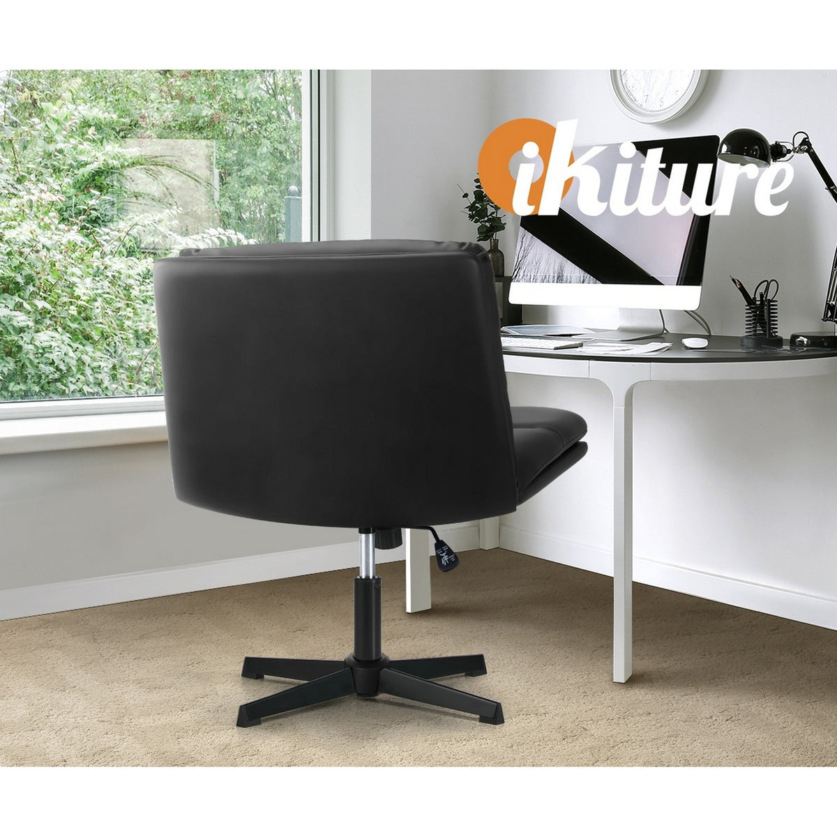 Oikiture Mid Back Armless Office Desk Chair Wide Seat No Wheels Leather Black