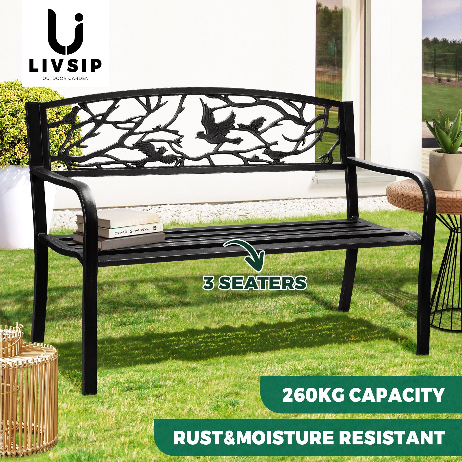 Livsip Garden Bench Park Lounge Patio Chair Backyard 3 Seater Outdoor Furniture - Sunyee