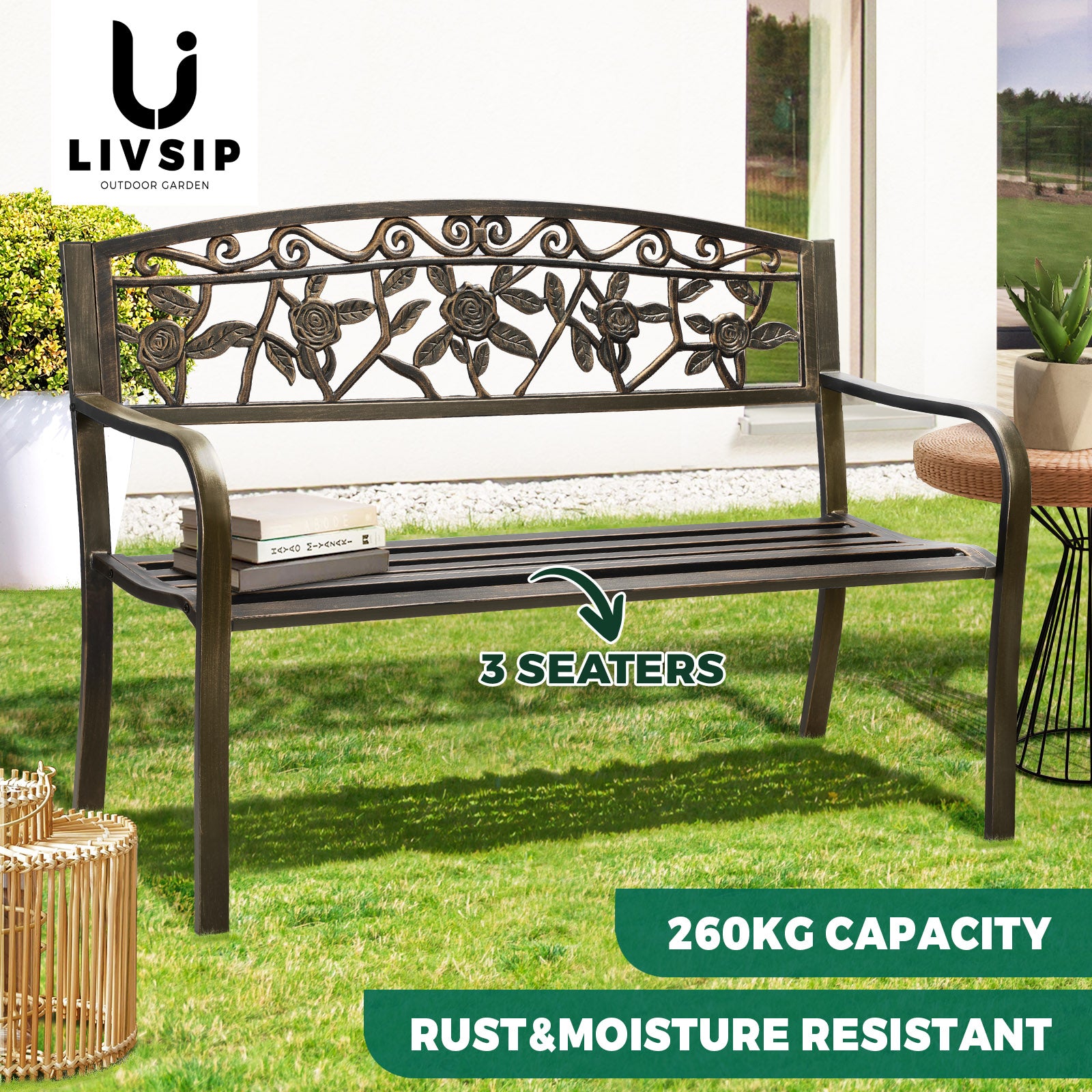 Livsip Garden Bench Park Lounge Patio Chair Backyard 3 Seater Outdoor Furniture - Sunyee