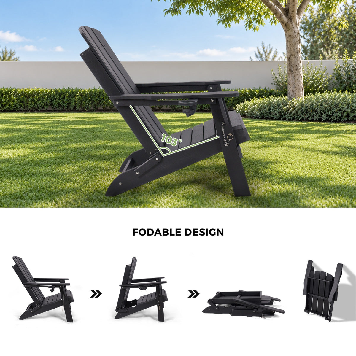 Livsip HDPE Adirondack Chair Outdoor Furniture Folding Lounge Beach Chair Black