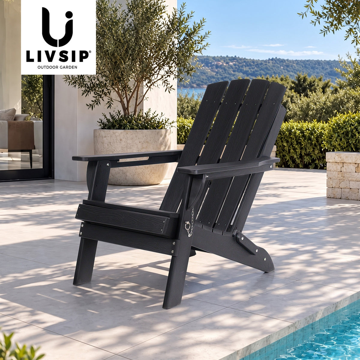 Livsip HDPE Adirondack Chair Outdoor Furniture Folding Lounge Beach Chair Black