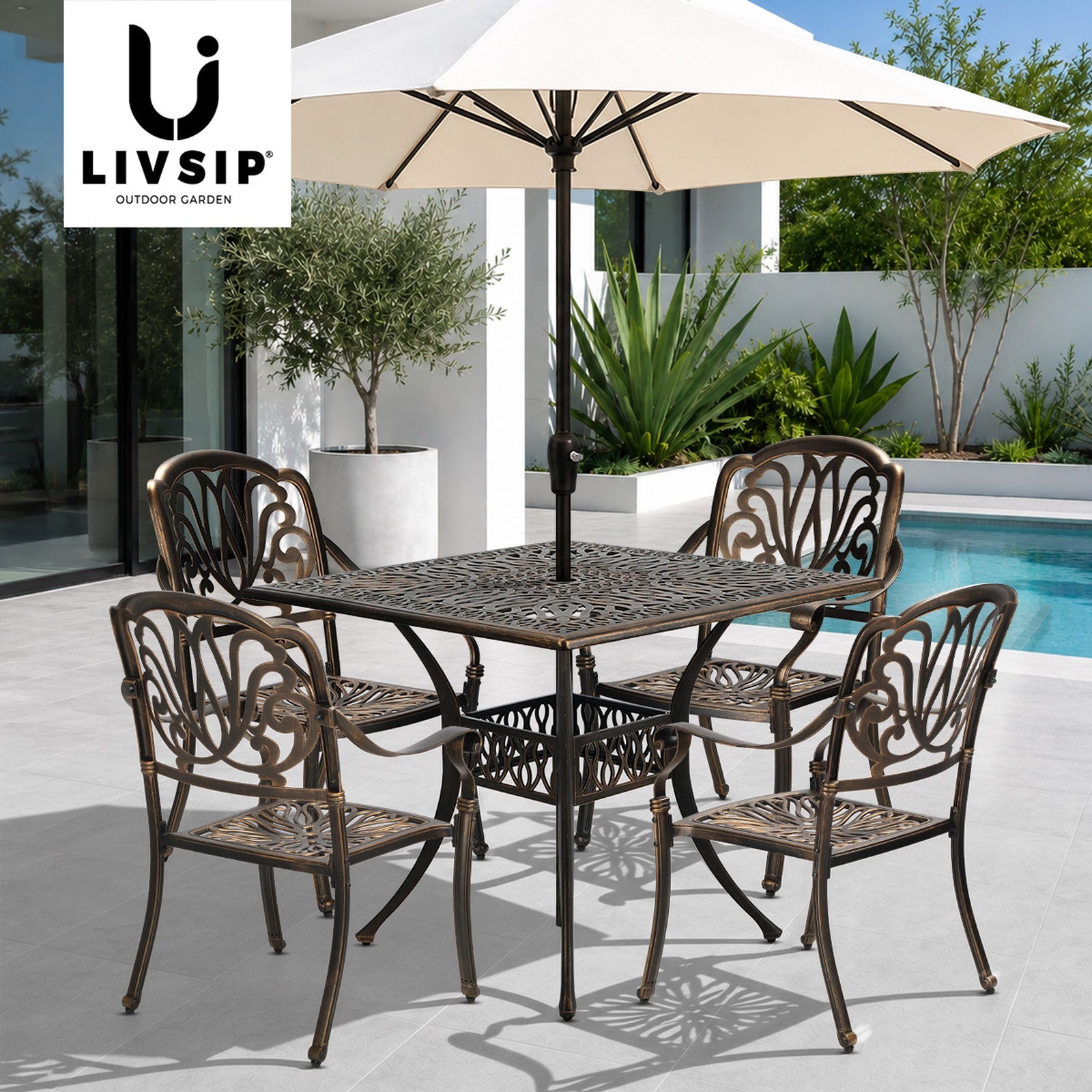 Livsip 5 Piece Outdoor Dining Setting Table Chairs Aluminium Garden Furniture