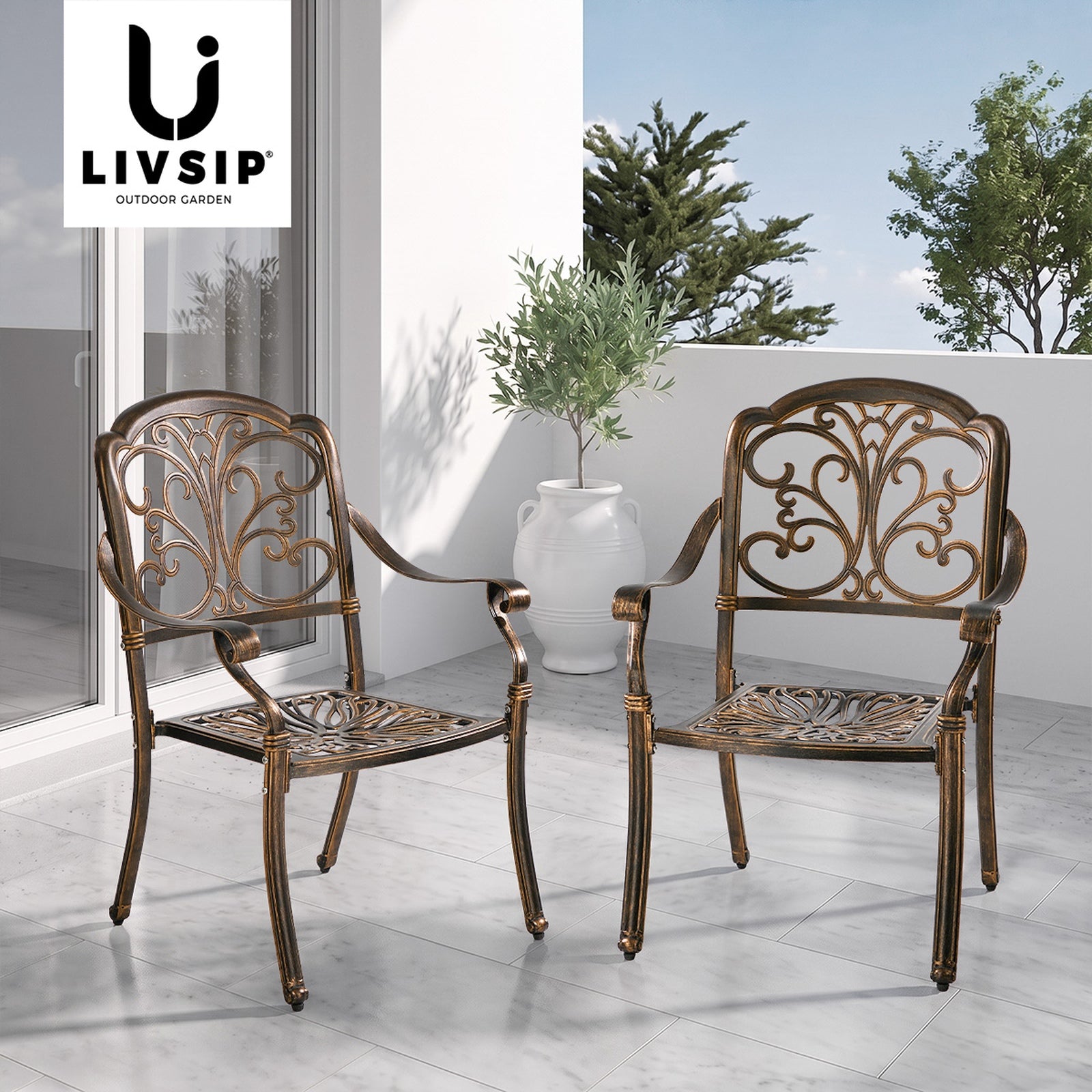 Livsip 2PCS Outdoor Dining Chairs Garden Patio Armchairs Cast Aluminium