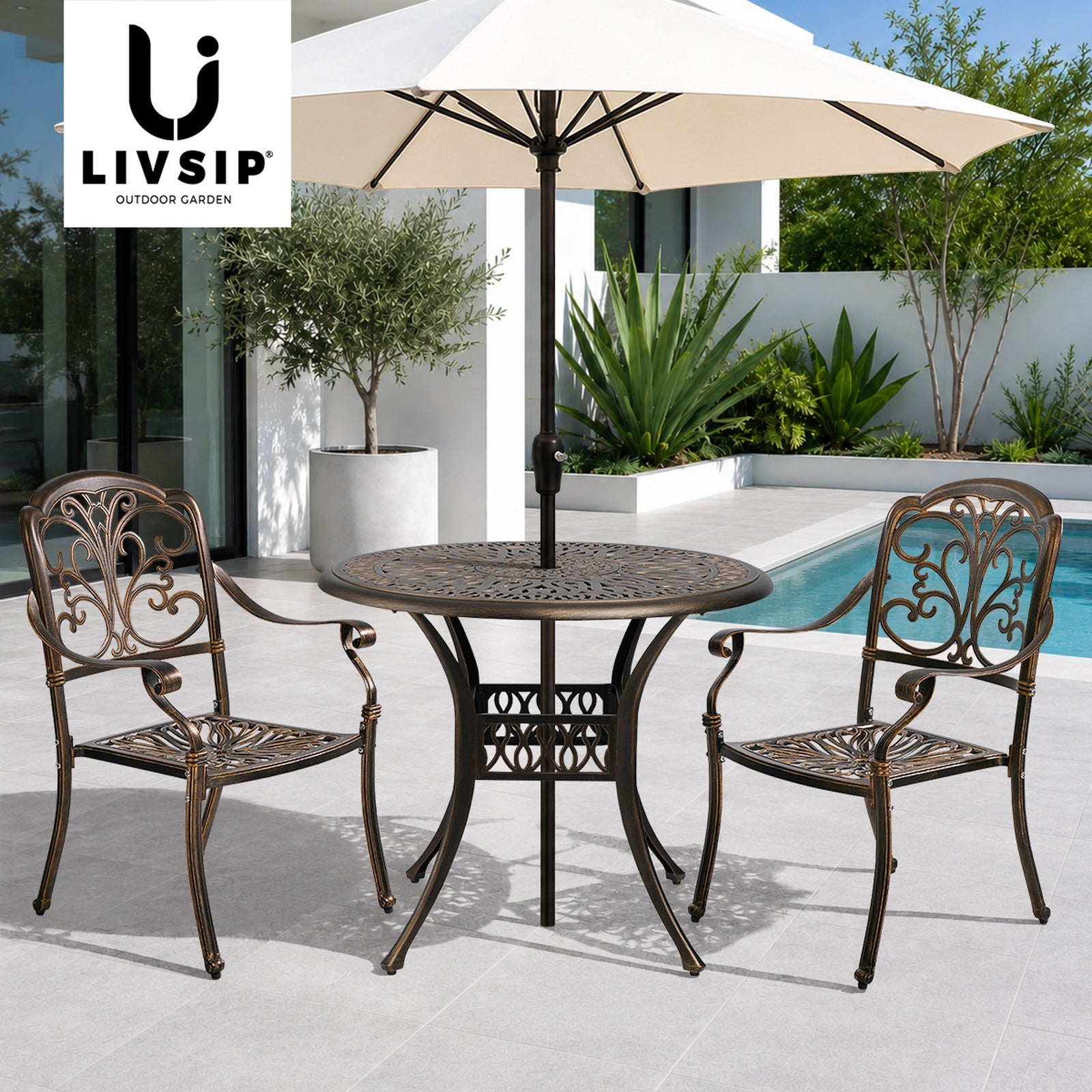 Livsip 3 Piece Outdoor Dining Set Table Chairs Patio Bistro Cast Aluminium