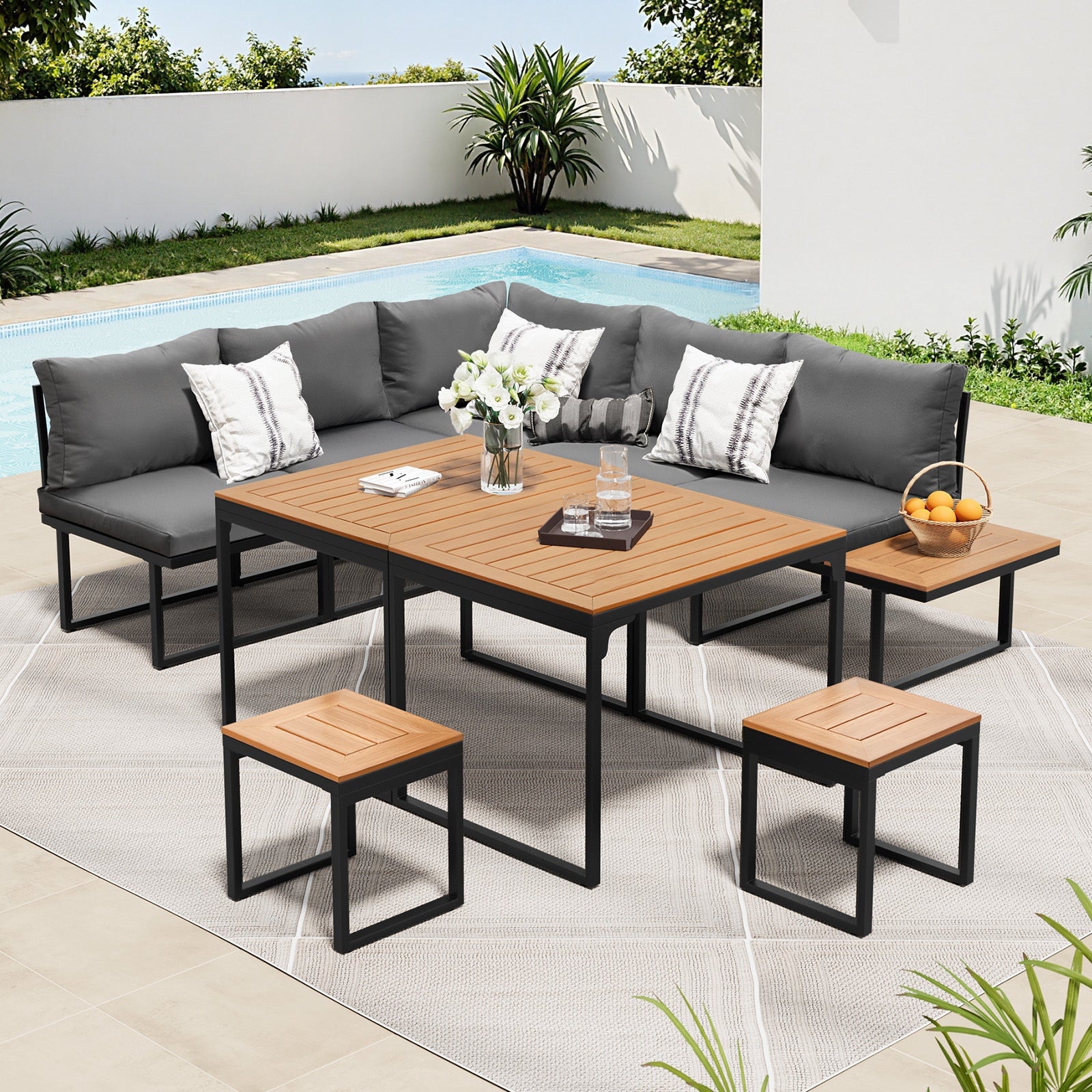 Livsip 7 Seater Outdoor Dining Set Sofa Lounge Setting Patio Table Stool Grey - Sunyee