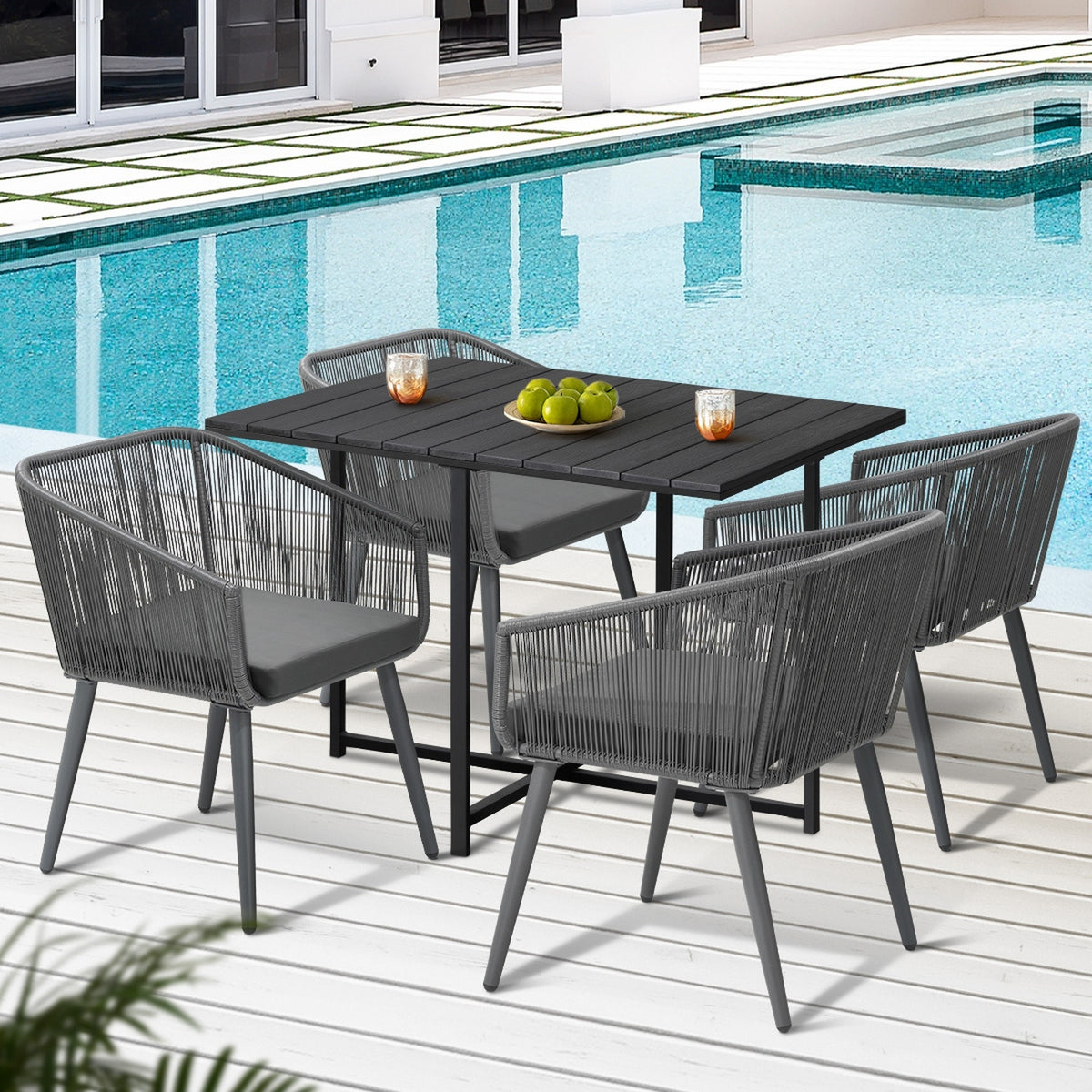 Livsip 5PCS Outdoor Dining Set Furniture Black Table Lounge Chairs Patio Setting - Sunyee