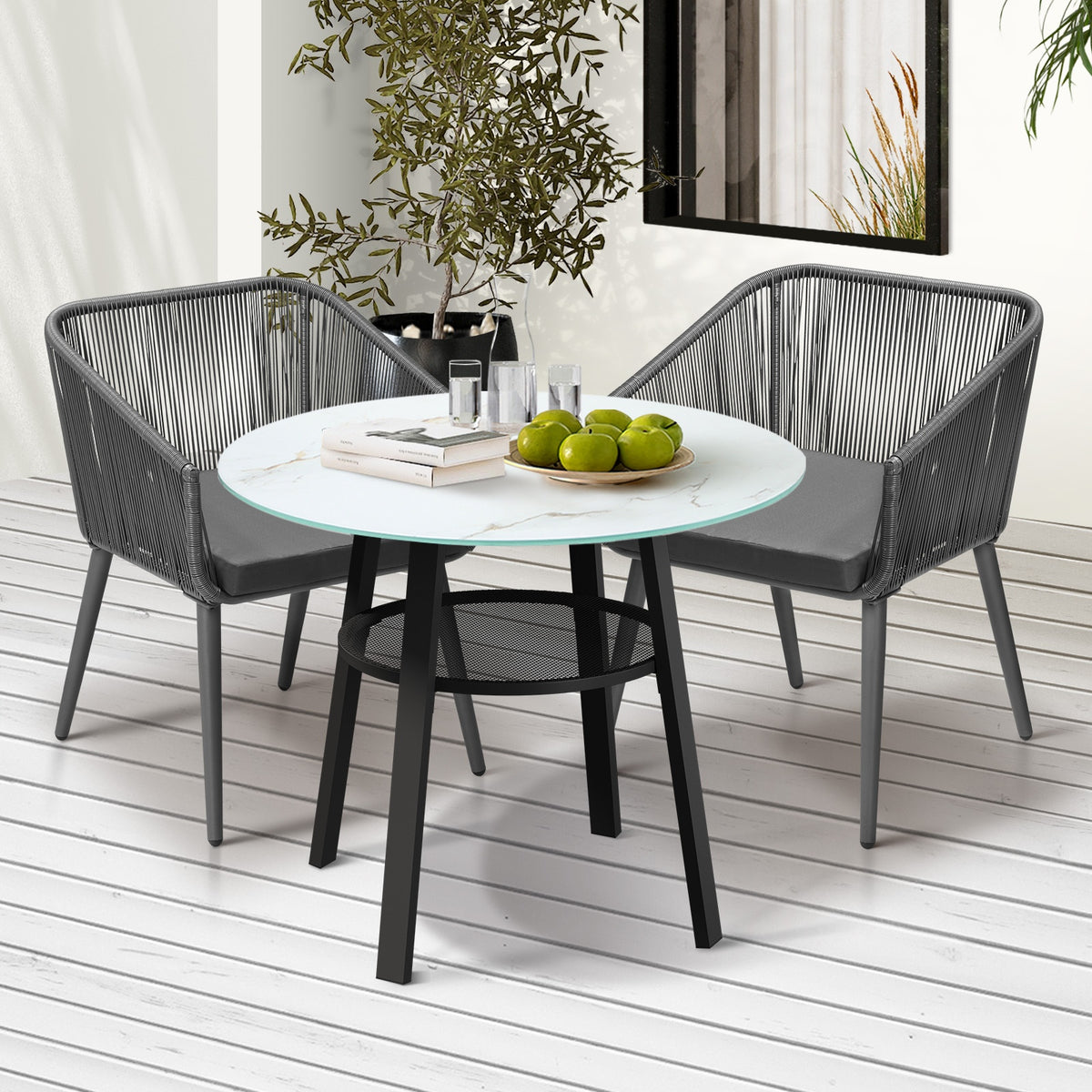 Livsip 3PCS Outdoor Dining Setting Marble-style Table Patio Furniture Bistro Set - Sunyee