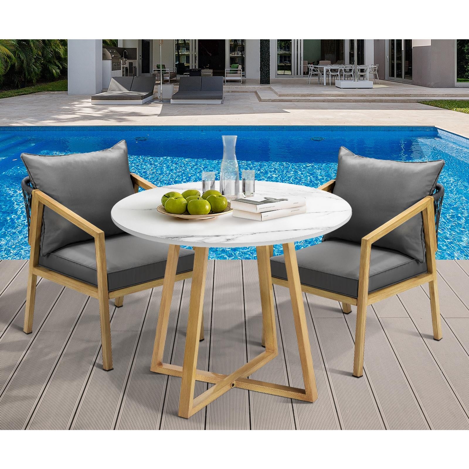 Livsip Outdoor Dining Marble Table Patio Garden Furniture 90cm Bistro Desk Brown - Sunyee