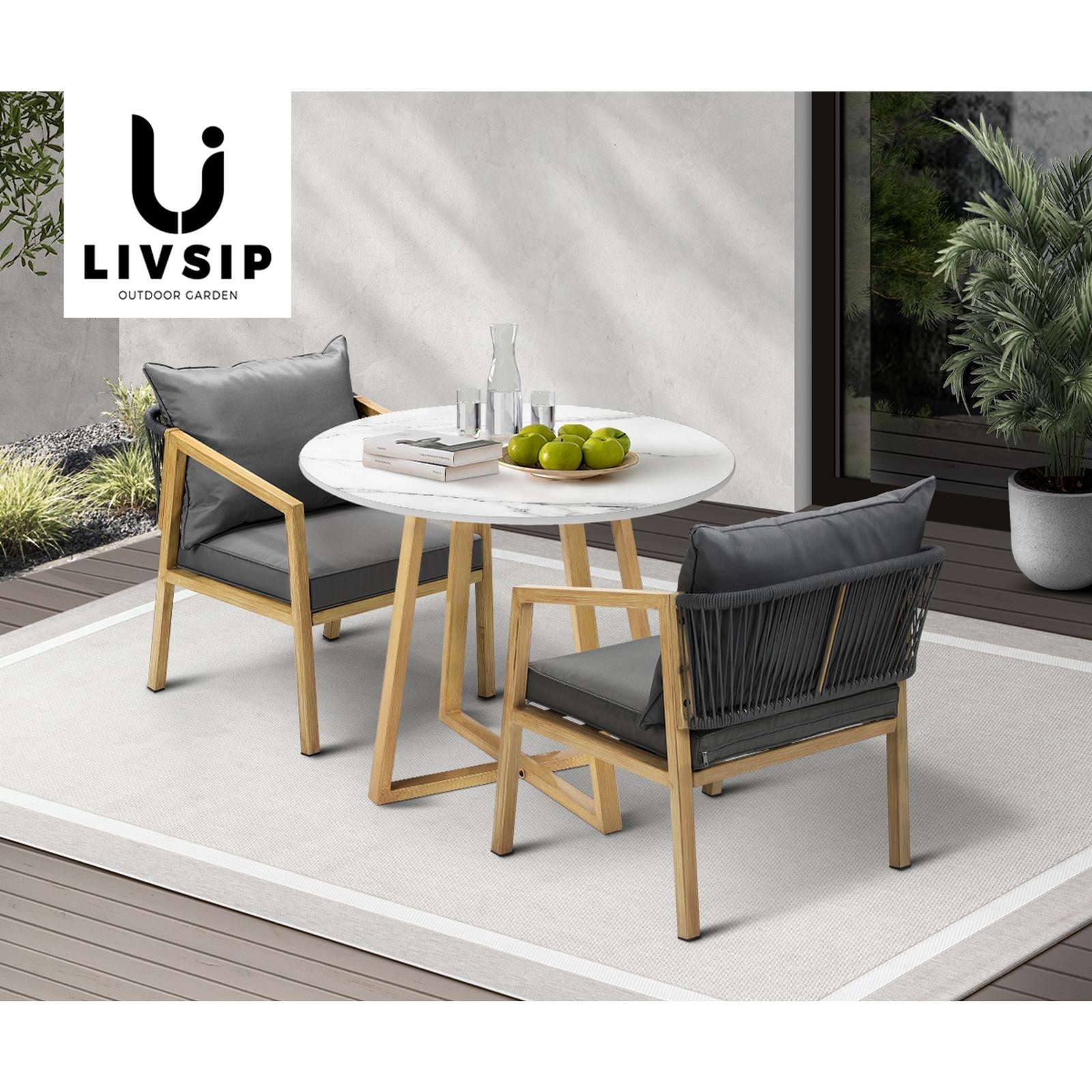 Livsip Outdoor Dining Marble Table Patio Garden Furniture 90cm Bistro Desk Brown - Sunyee