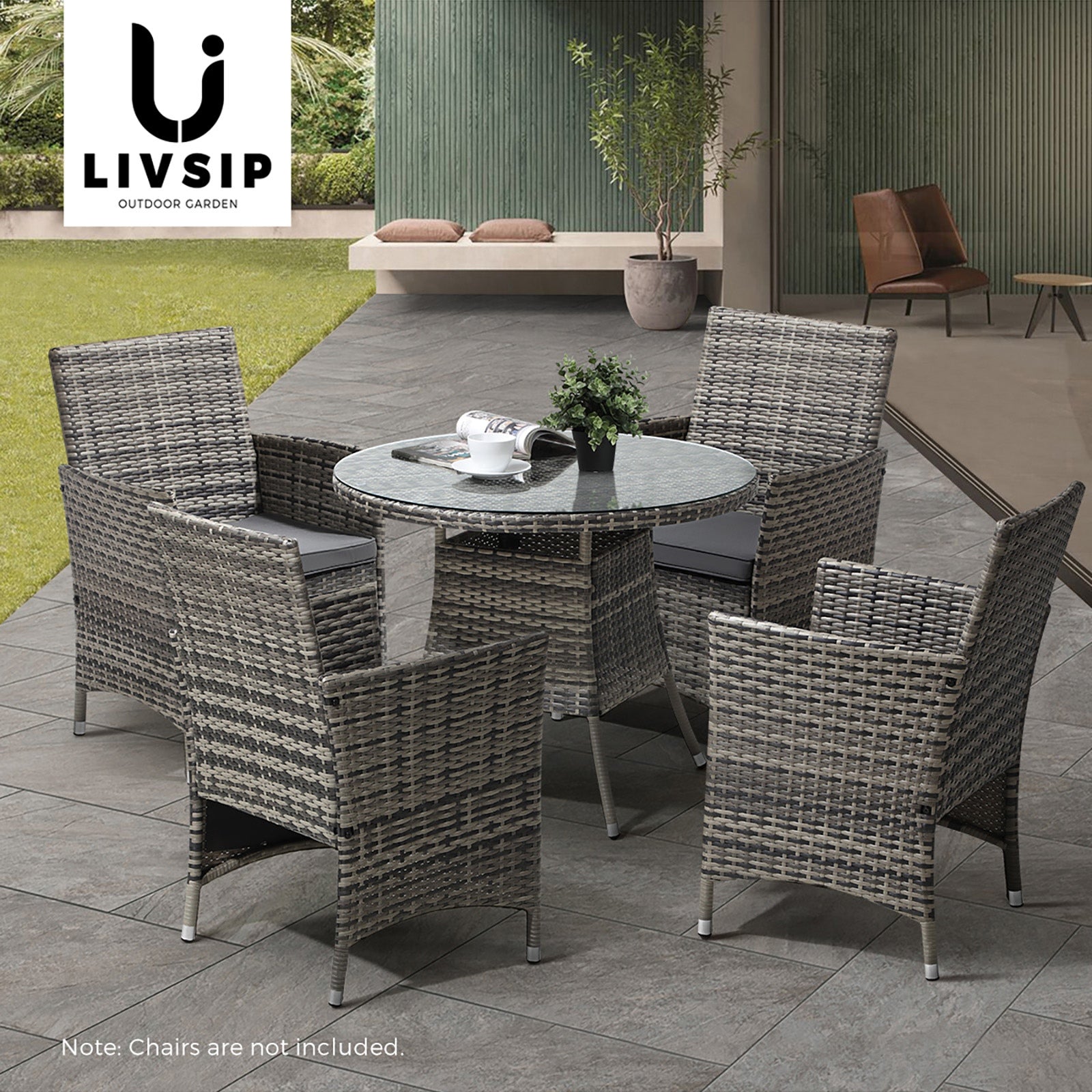 Livsip 90CM Outdoor Dining Table Round Rattan Glass Table Patio Furniture Grey - Sunyee