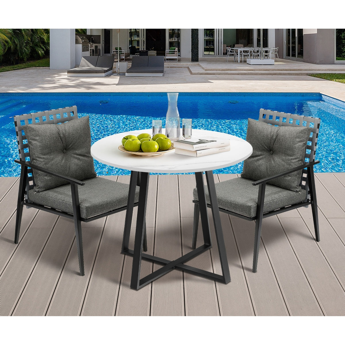 Livsip Outdoor Dining Set 2 Seater Marble Table Patio Furniture Rattan Armchair