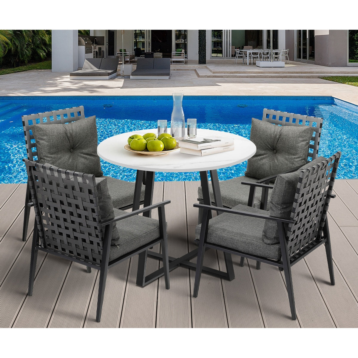 Livsip Outdoor Dining Set 4 Seater Marble Table Patio Furniture Rattan Armchair