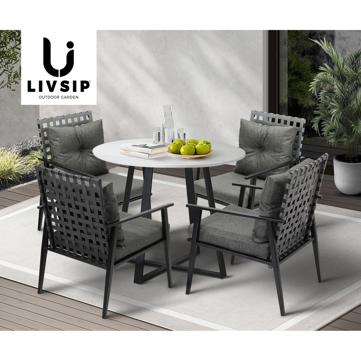 Livsip Outdoor Dining Set 4 Seater Marble Table Patio Furniture Rattan Armchair