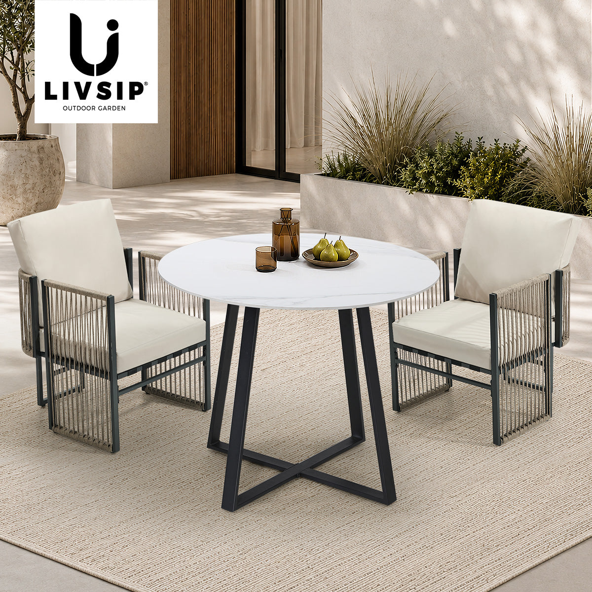 Livsip 3 Pieces Outdoor Dining Set Chair and Table Rope Garden Furniture