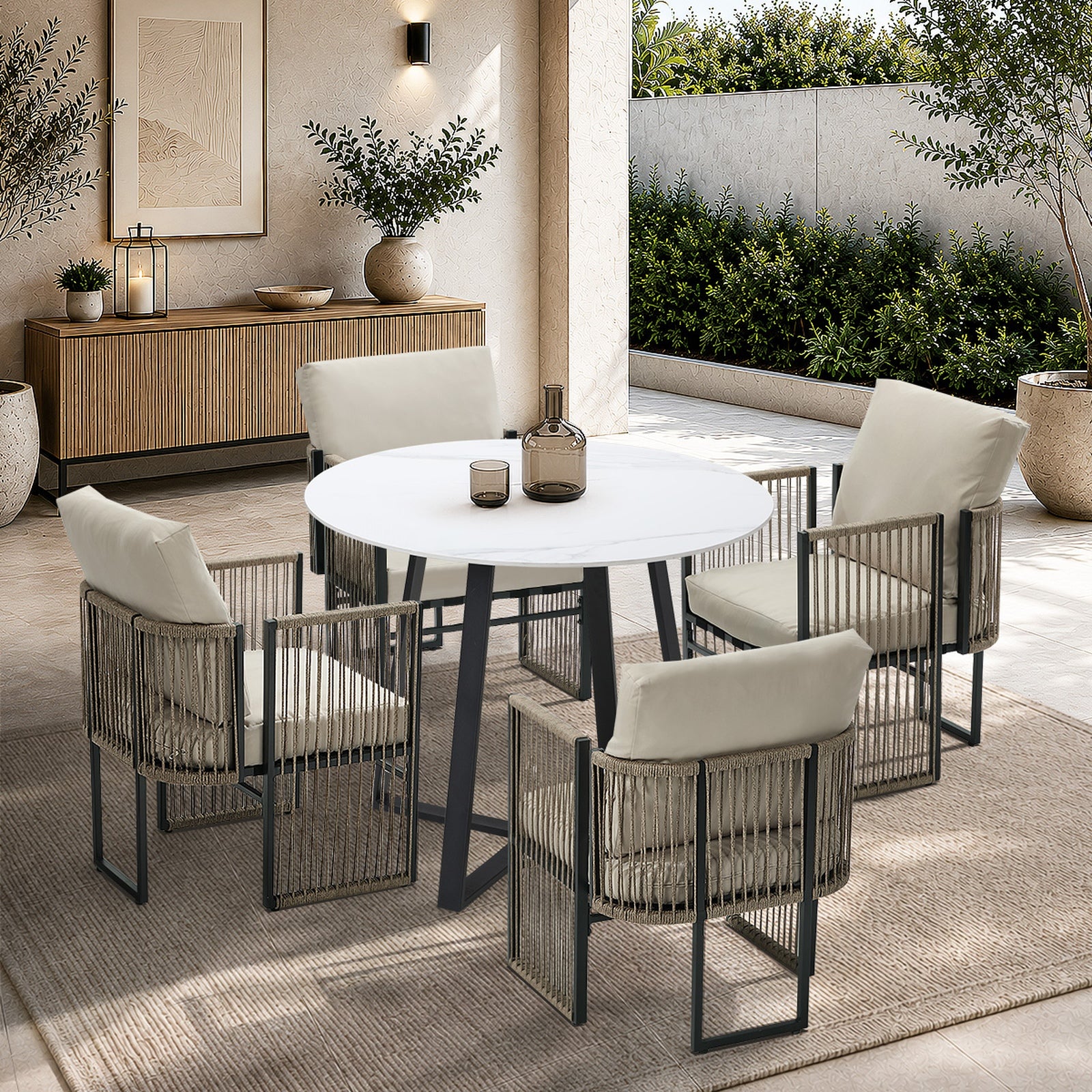 Livsip 5 Pieces Outdoor Dining Set Chair and Table Rope Garden Furniture