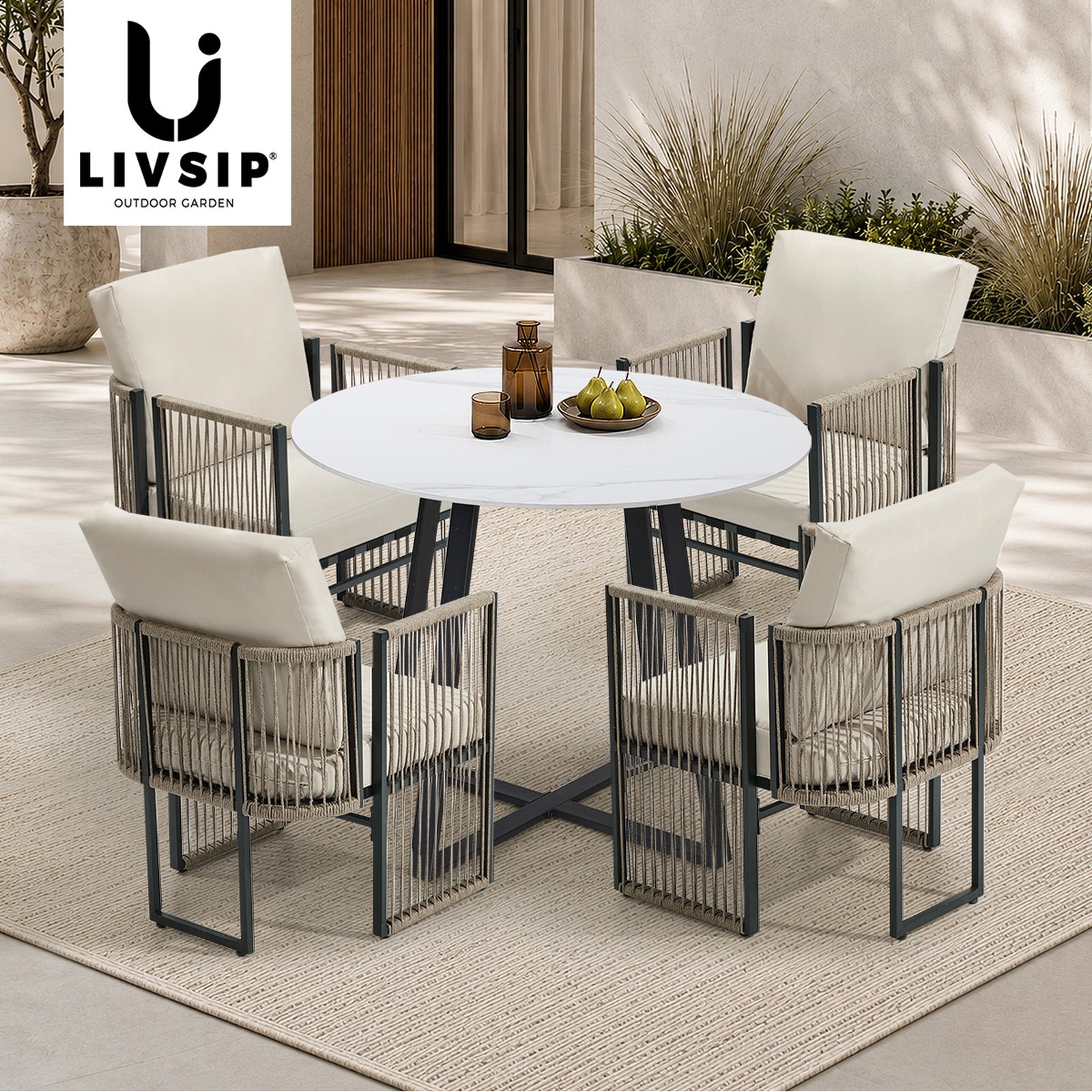 Livsip 5 Pieces Outdoor Dining Set Chair and Table Rope Garden Furniture