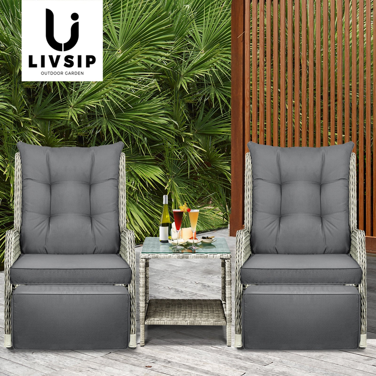 Livsip Outdoor Recliners Sun Lounger & Table Outdoor Patio Furniture Set of 3 - Sunyee