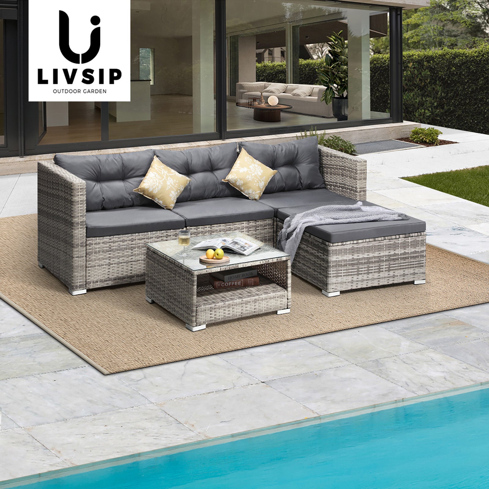 Livsip Outdoor Lounge Setting 5pc Wicker Sofa Set Rattan Patio Garden Furniture - Sunyee