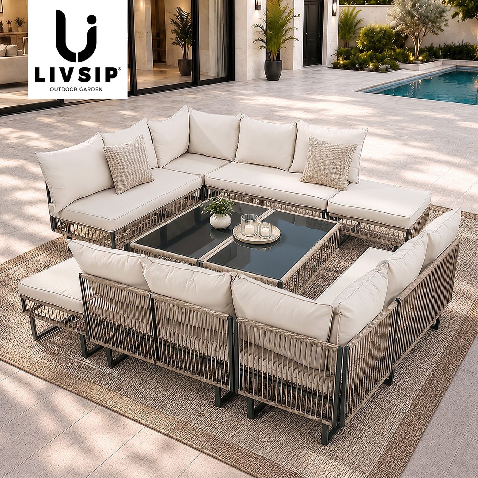 Livsip 9 Piece Outdoor Sofa Set Lounge Setting Table Chairs Patio Furniture