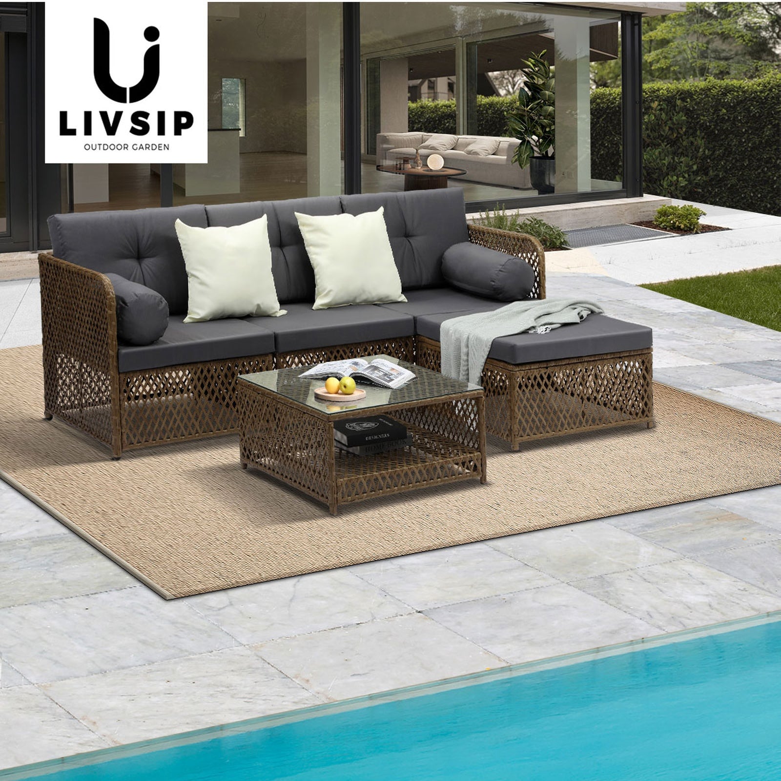 Livsip Outdoor Sofa Set 4 Seater Wicker Rattan Garden Lounge Setting Table Chair - Sunyee
