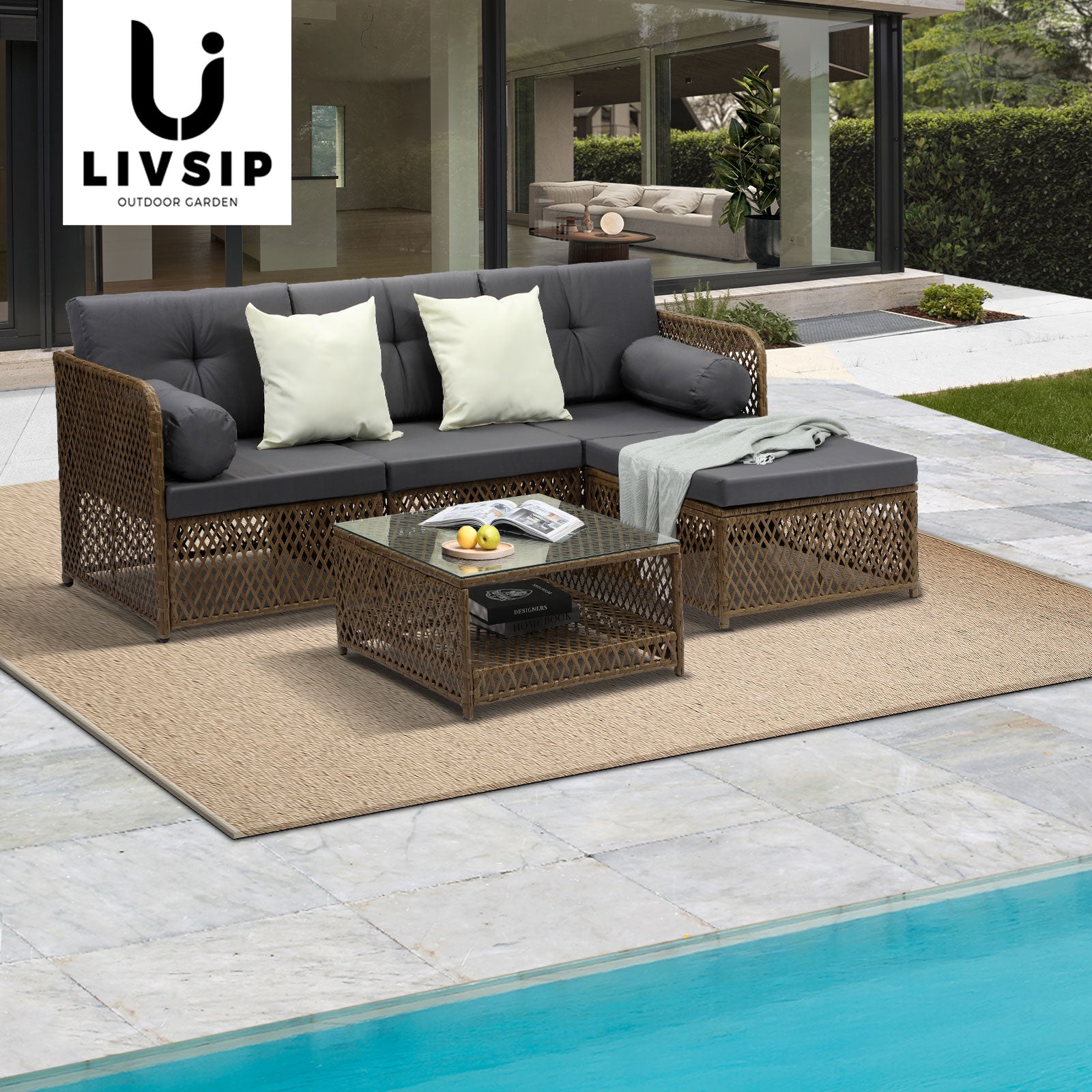 Livsip Outdoor Furniture Lounge Setting 4 Seater Wicker Sofa Set Patio Garden - Sunyee