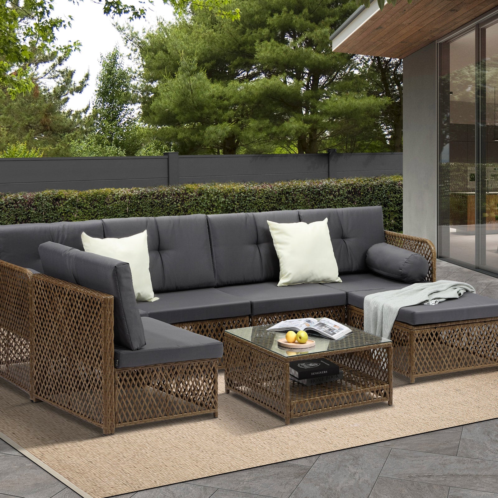 Livsip Outdoor Furniture Lounge Setting 6 Seater Wicker Sofa Set Patio Garden - Sunyee