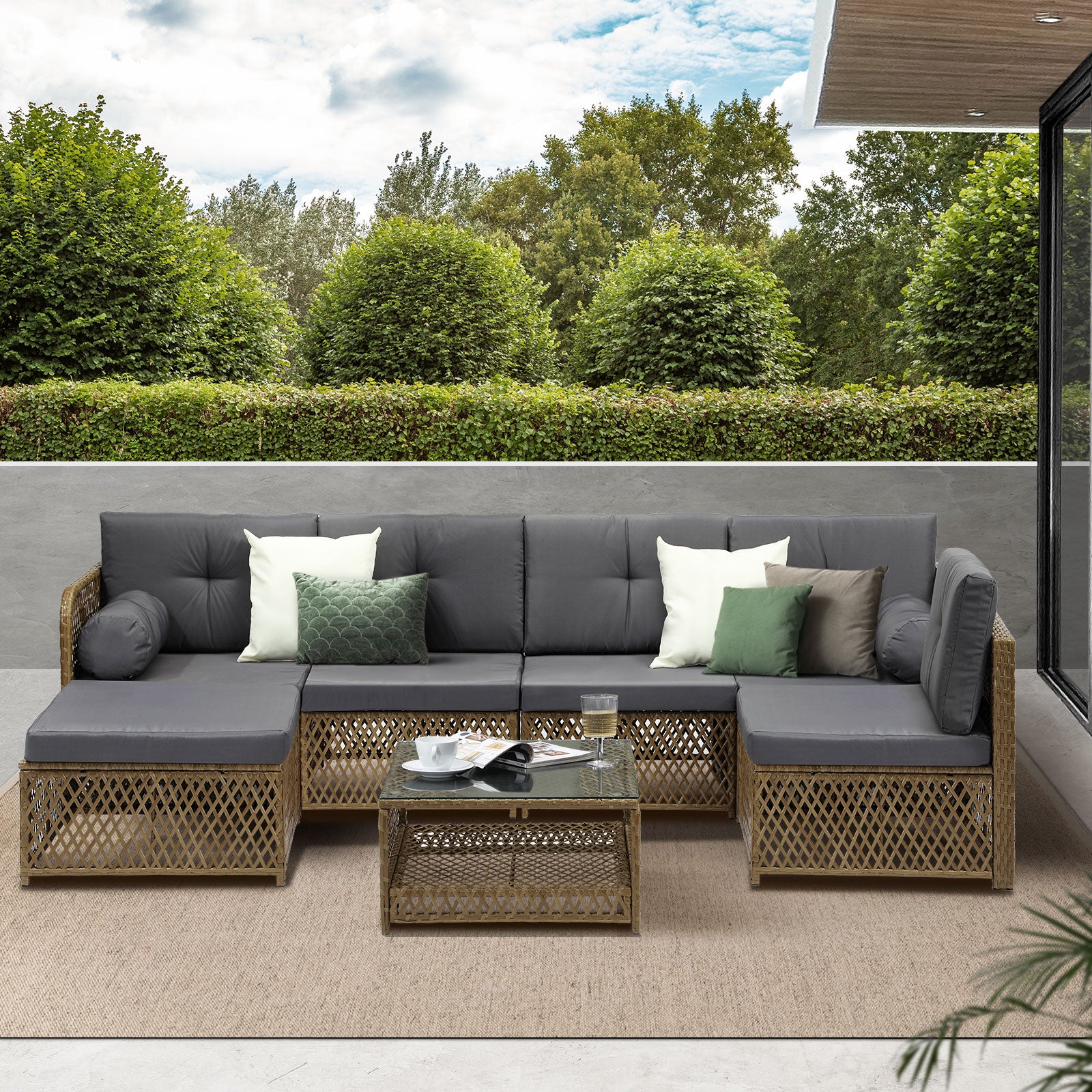 Livsip Outdoor Furniture Lounge Setting 6 Seater Wicker Sofa Set Patio Garden - Sunyee