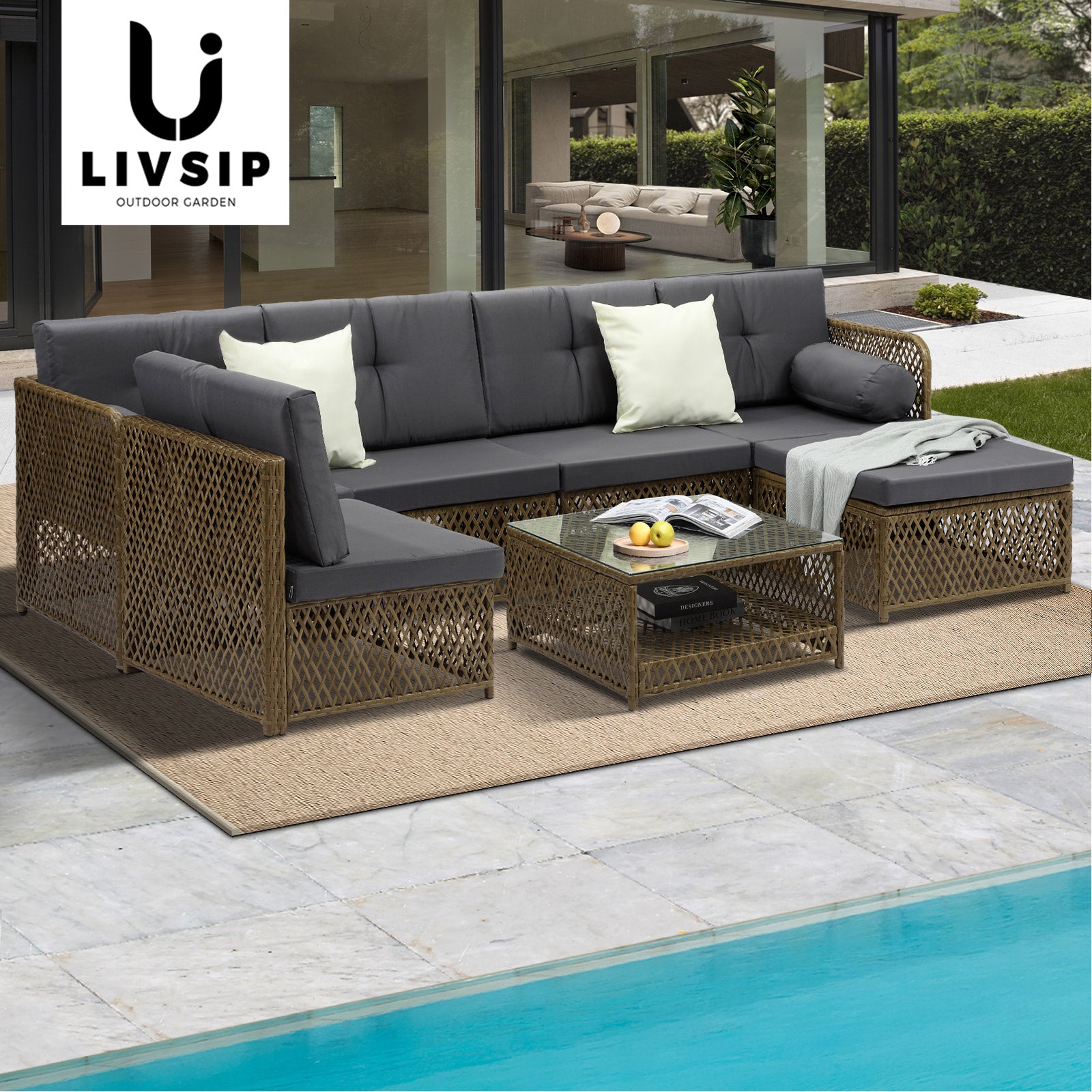 Livsip Outdoor Furniture Lounge Setting 6 Seater Wicker Sofa Set Patio Garden - Sunyee