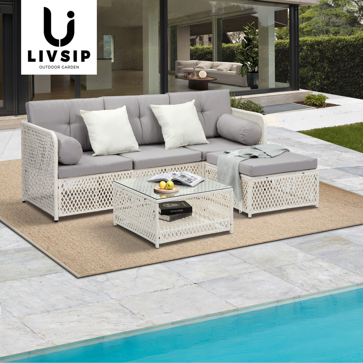 Livsip Outdoor Furniture Sofa Set 5PCS Wicker Lounge Setting Table Chairs Garden - Sunyee