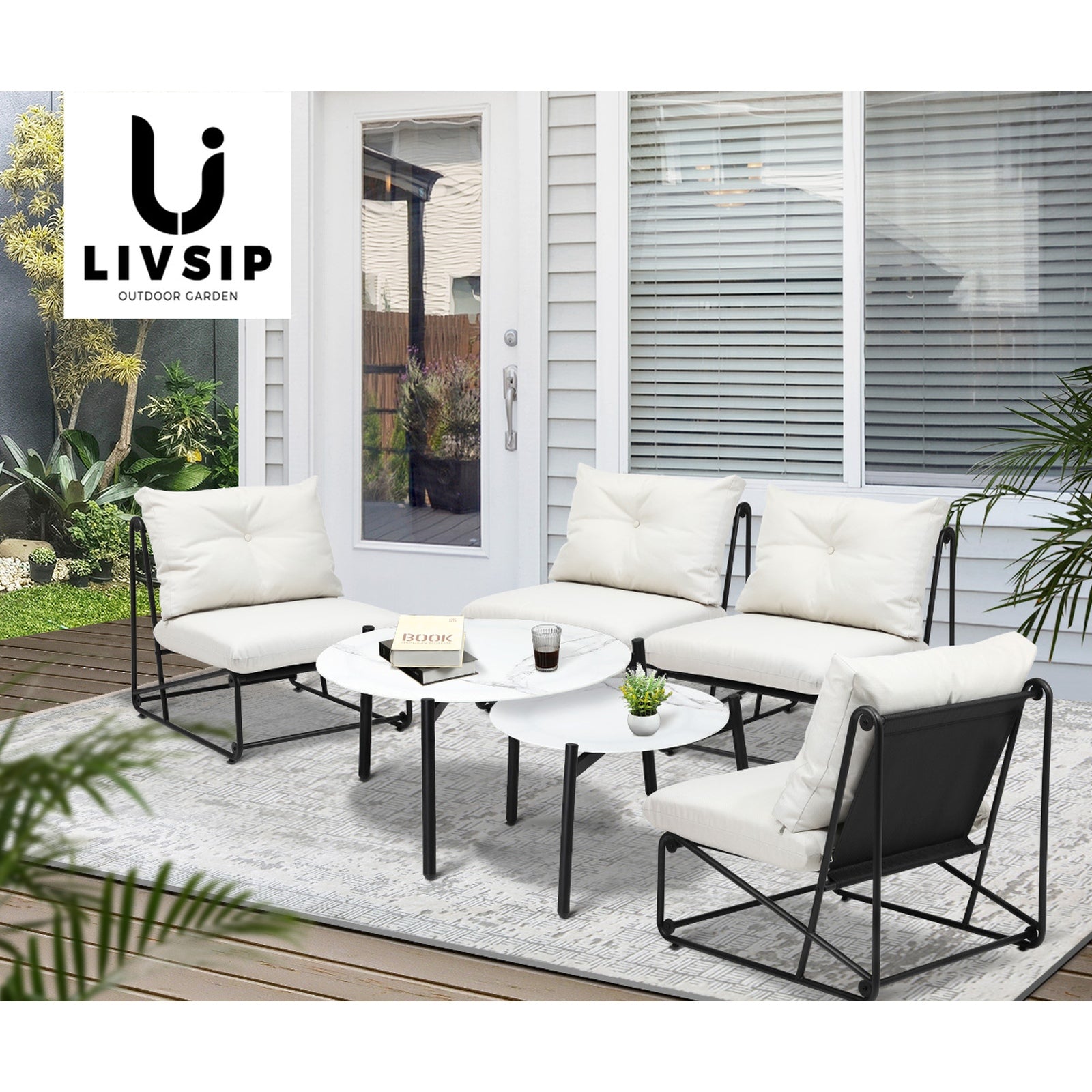 Livsip Outdoor Sofa Set 6 PCS Lounge Setting Table Chairs Patio Furniture Beige - Sunyee