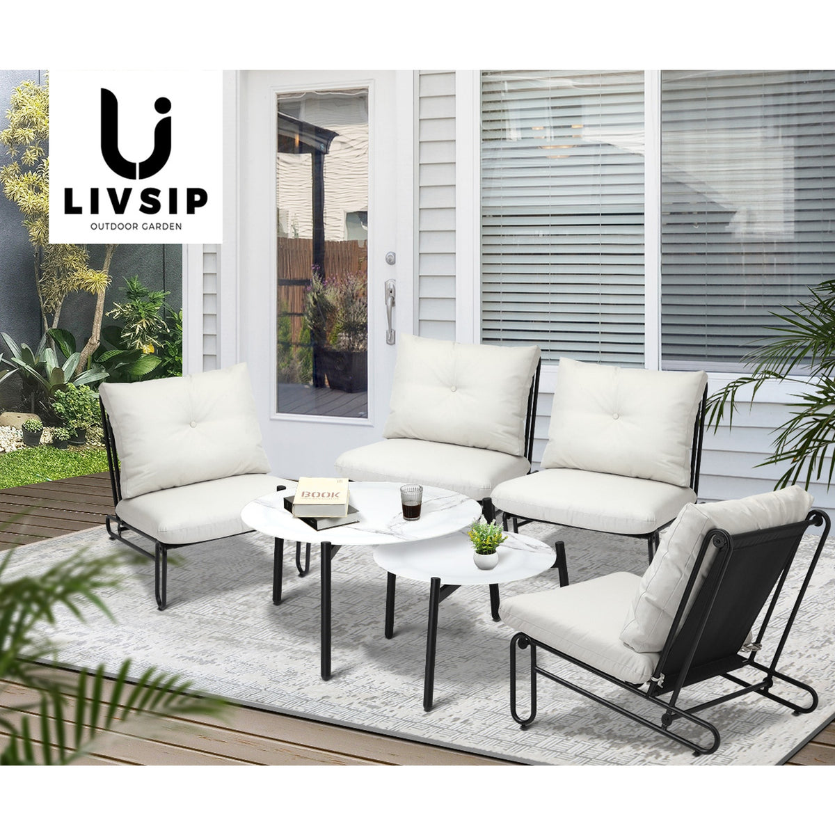 Livsip Outdoor Sofa Set 6 PCS Lounge Setting Table Chairs Patio Furniture Beige - Sunyee