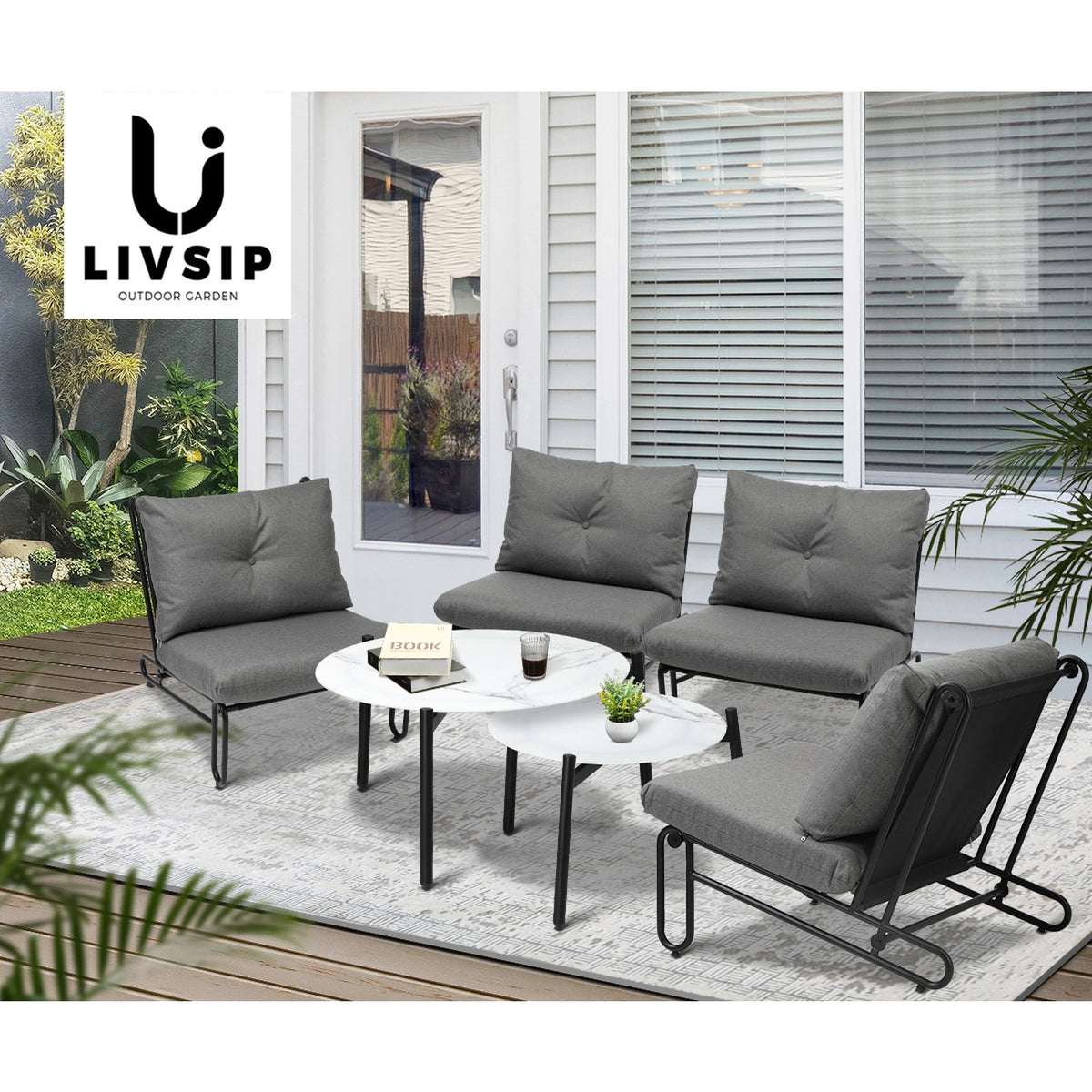 Livsip Outdoor Sofa Set 6 PCS Lounge Setting Table Chairs Patio Furniture Grey - Sunyee