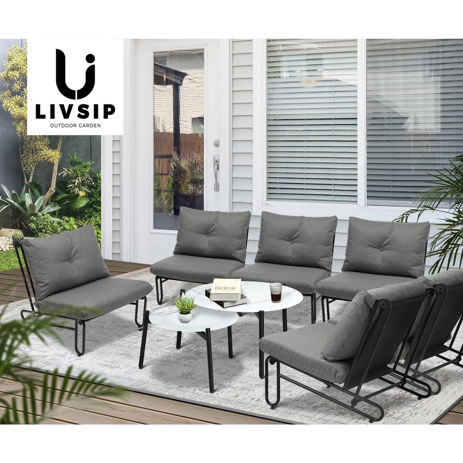 Livsip Outdoor Sofa Set 8 Piece Garden Patio Lounge Setting Table Chairs Grey - Sunyee