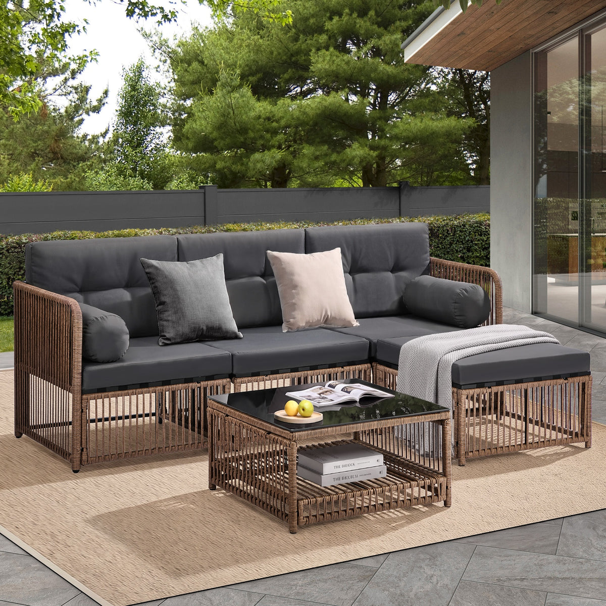 Livsip 4 Seater Outdoor Dining Sofa Set 5PCS Wicker Lounge Setting Chairs Table