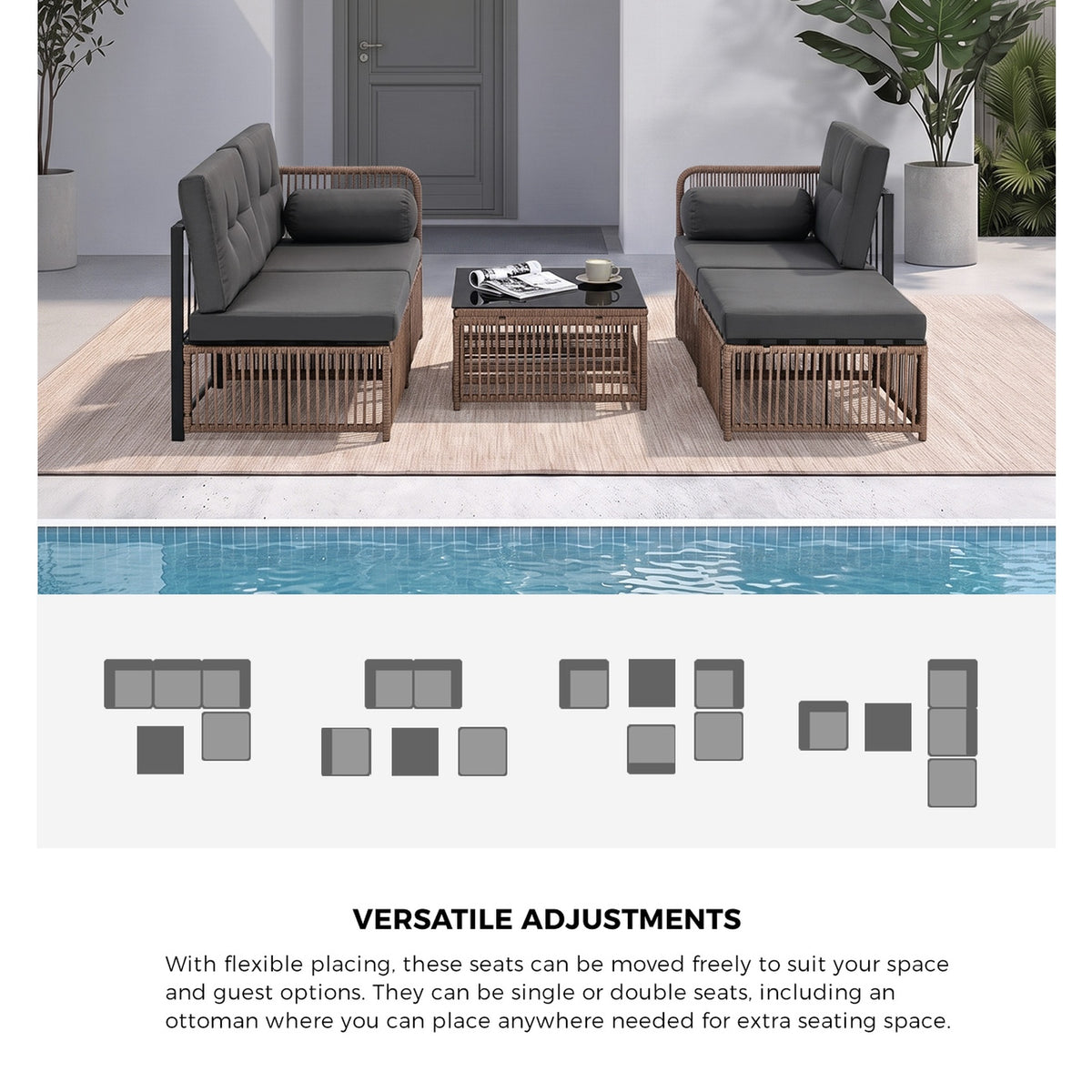 Livsip 4 Seater Outdoor Dining Sofa Set 5PCS Wicker Lounge Setting Chairs Table
