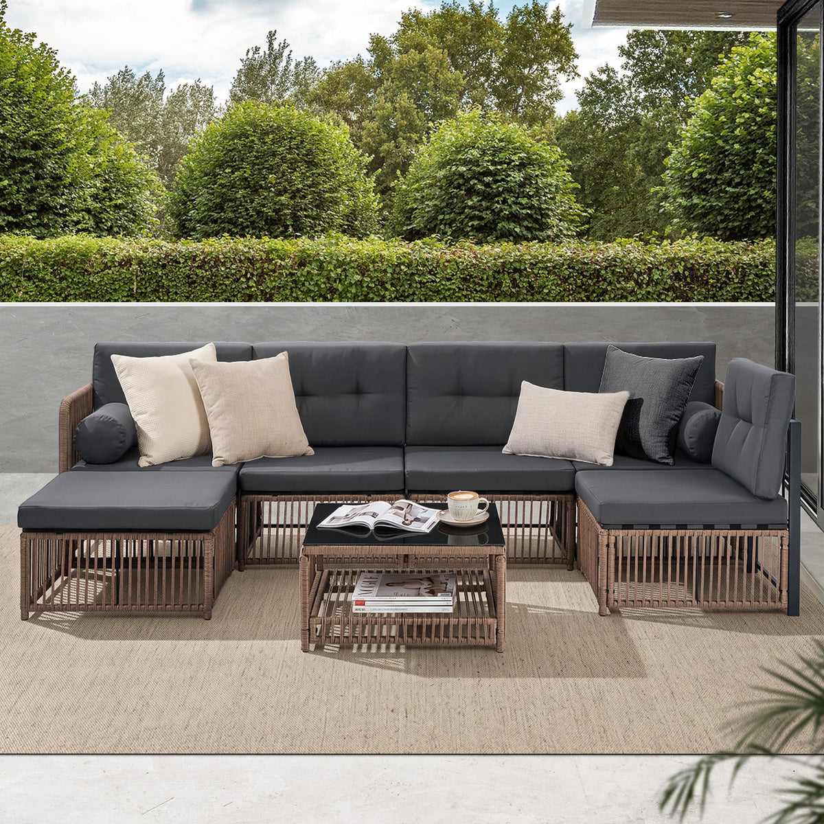 Livsip 6 Seater Outdoor Sofa Set 7PCS Wicker Lounge Setting Patio Furniture
