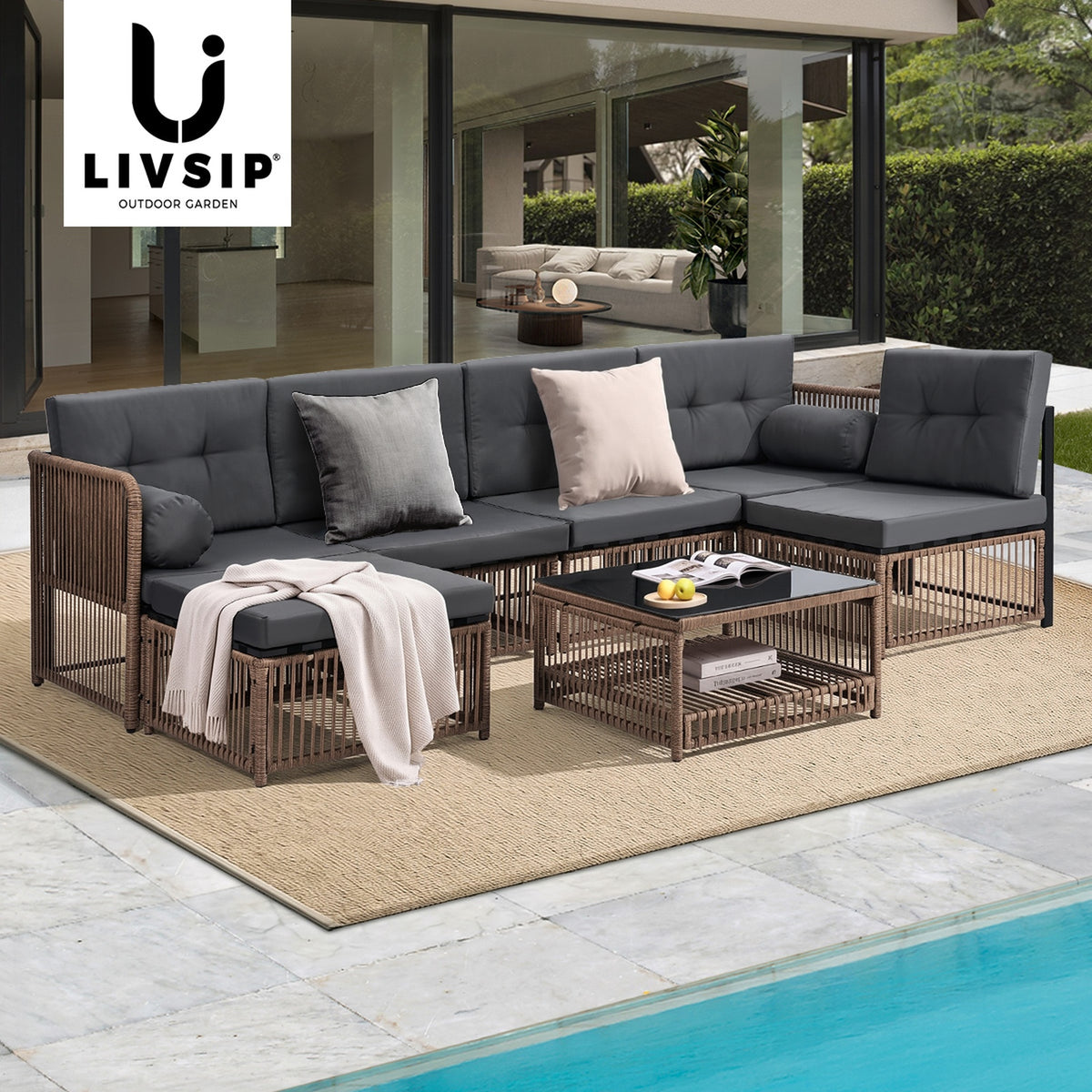 Livsip 6 Seater Outdoor Sofa Set 7PCS Wicker Lounge Setting Patio Furniture