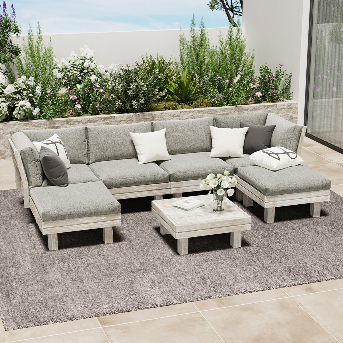 Livsip 7PCS Outdoor Sofa Set Wooden Lounge Setting Table Chair Patio Furniture