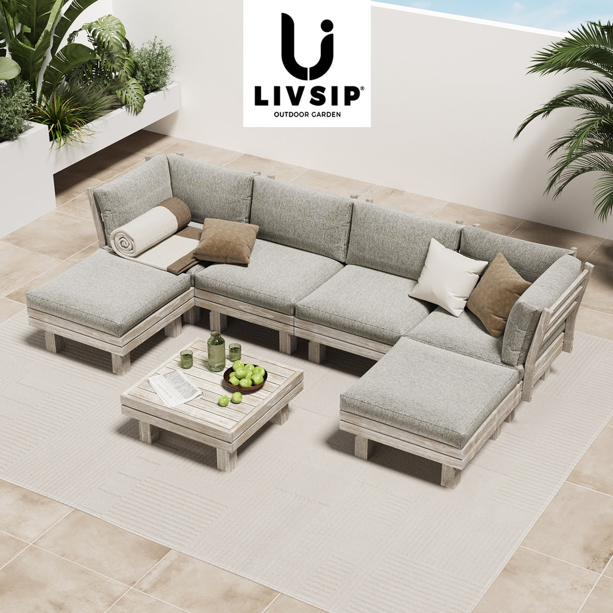 Livsip 7PCS Outdoor Sofa Set Wooden Lounge Setting Table Chair Patio Furniture