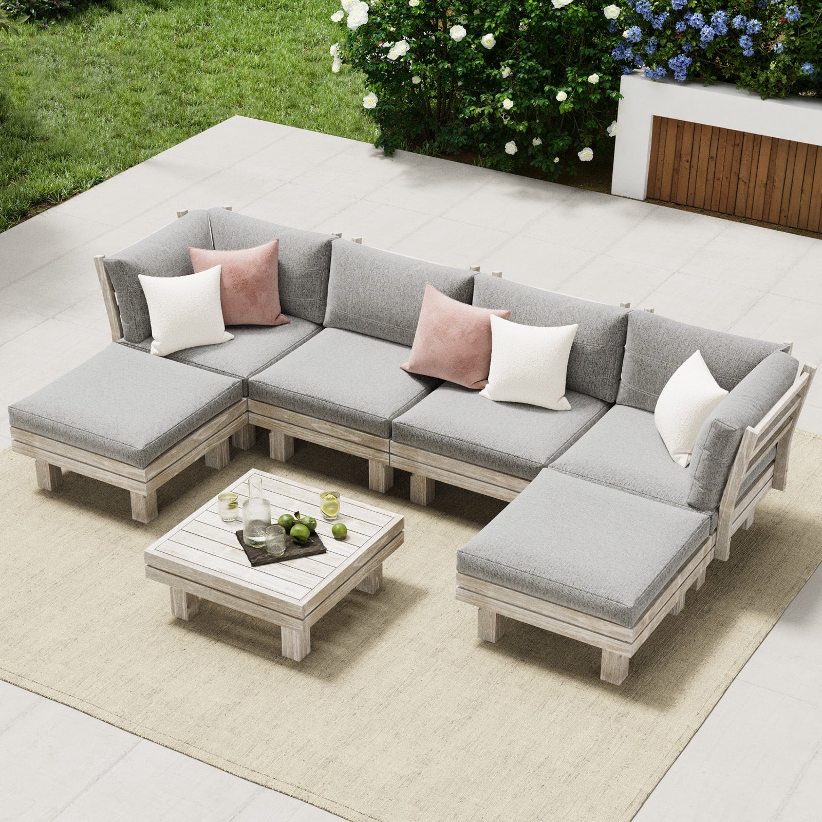 Livsip 7PCS Outdoor Sofa Set Wooden Lounge Setting Table Chair Patio Furniture - Sunyee