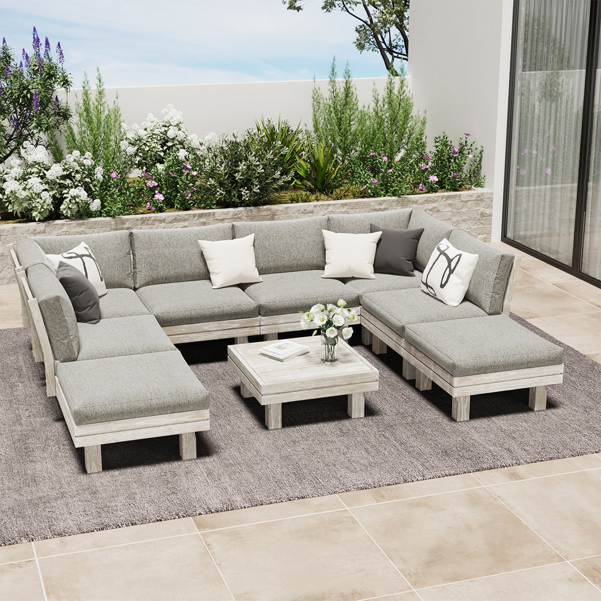Livsip 9PCS Outdoor Sofa Set Wooden Lounge Setting Table Chair Patio Furniture