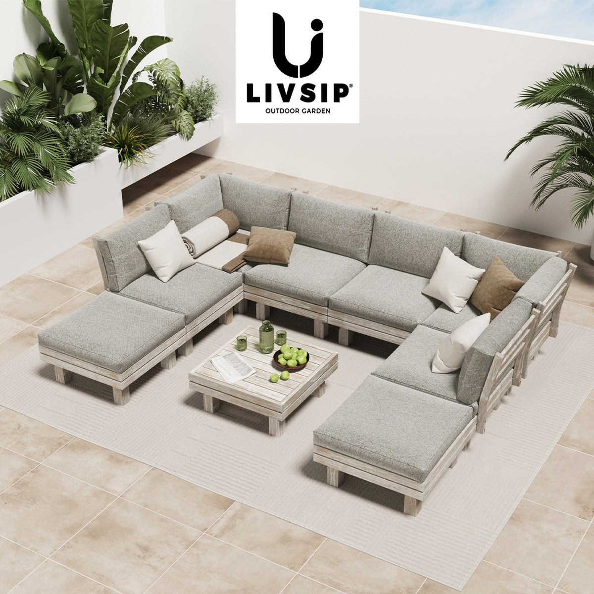 Livsip 9PCS Outdoor Sofa Set Wooden Lounge Setting Table Chair Patio Furniture