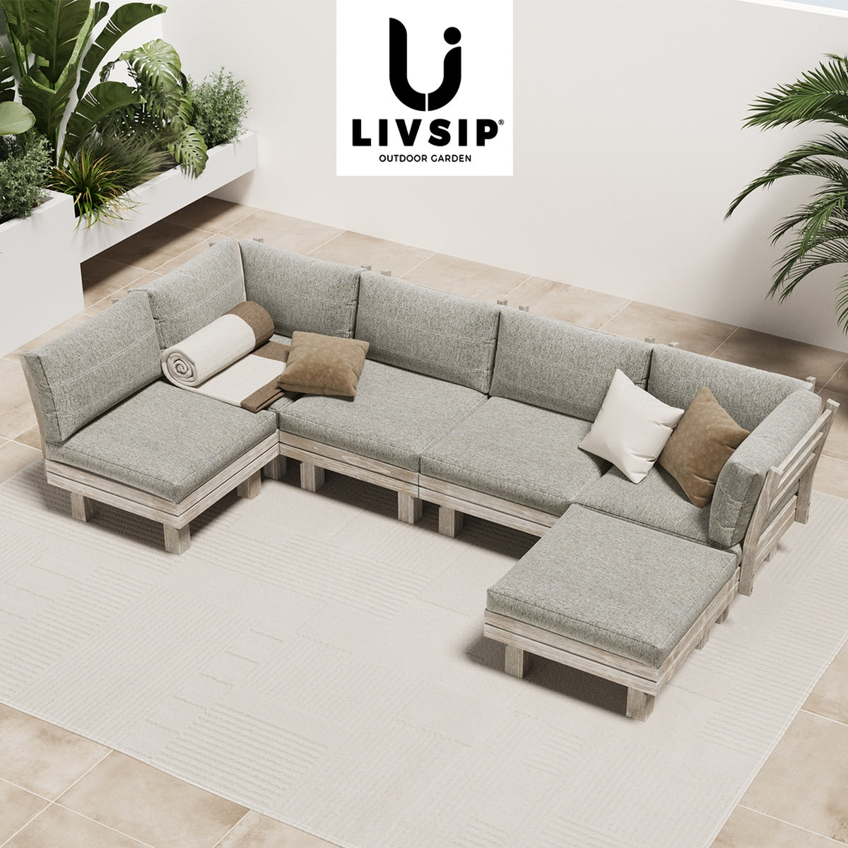 Livsip 6 Piece Outdoor Sofa Set Wooden Modular Lounge Setting Patio Furniture