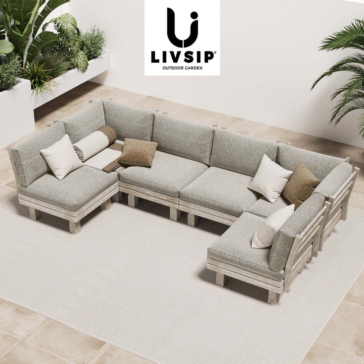 Livsip 6 Seater Outdoor Sofa Set Wooden Modular Lounge Setting Patio Furniture
