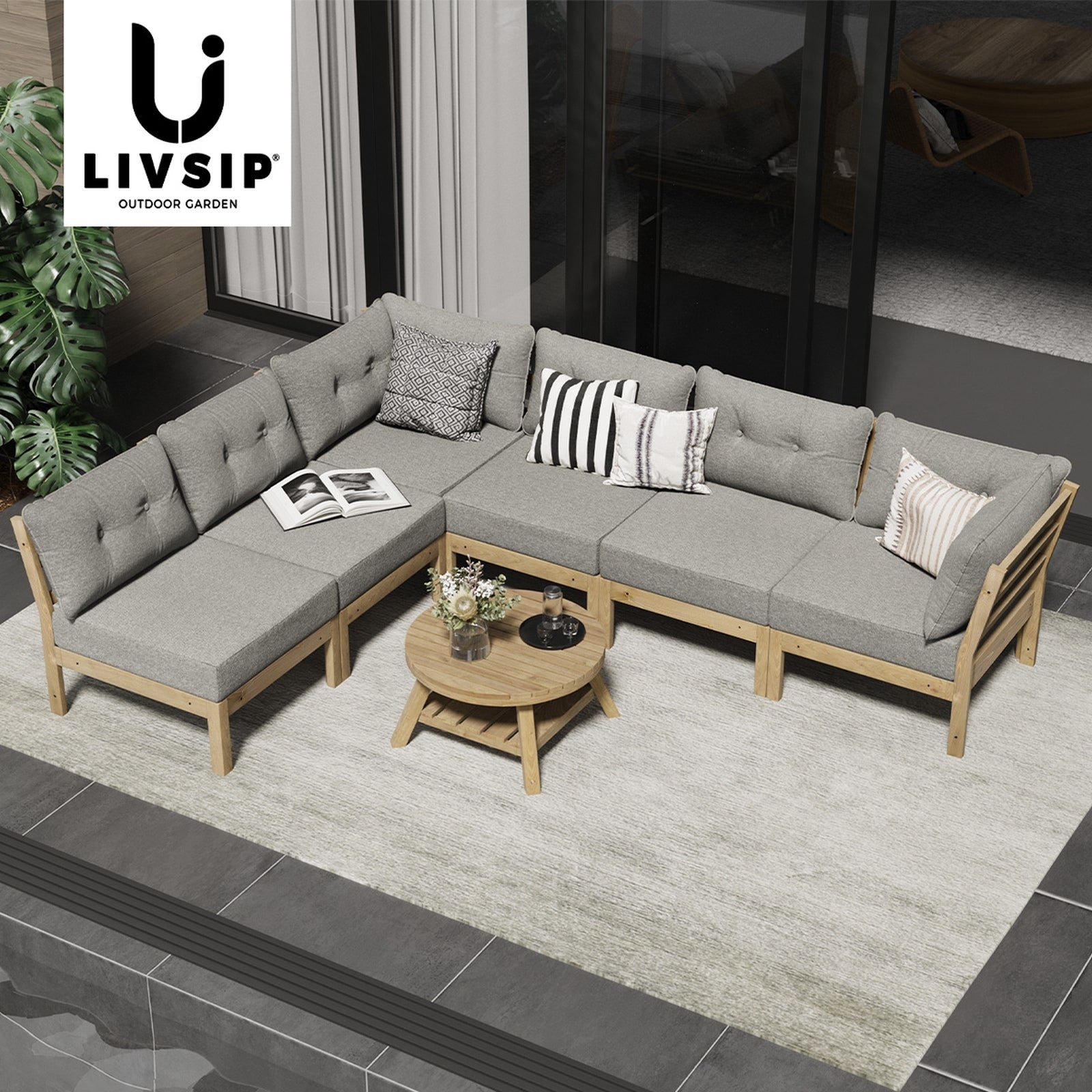 Livsip 7 Seater Outdoor Sofa Set Lounge Setting Patio Furniture Beige - Sunyee