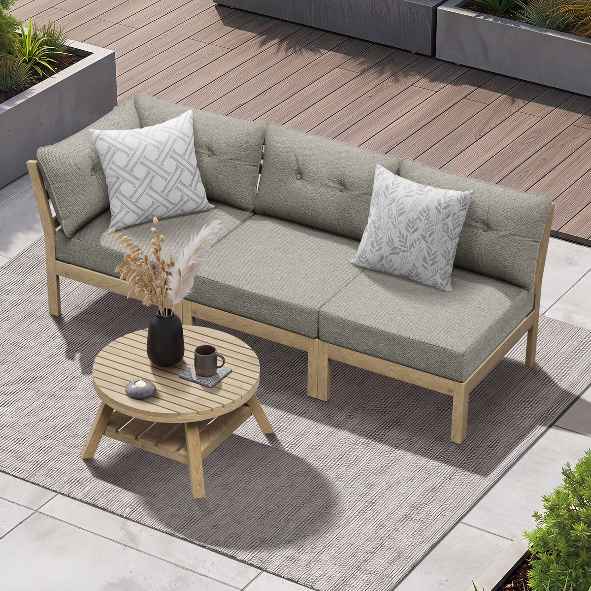 Livsip 3 Seater Outdoor Sofa Set Wooden Lounge Setting Patio Furniture Beige