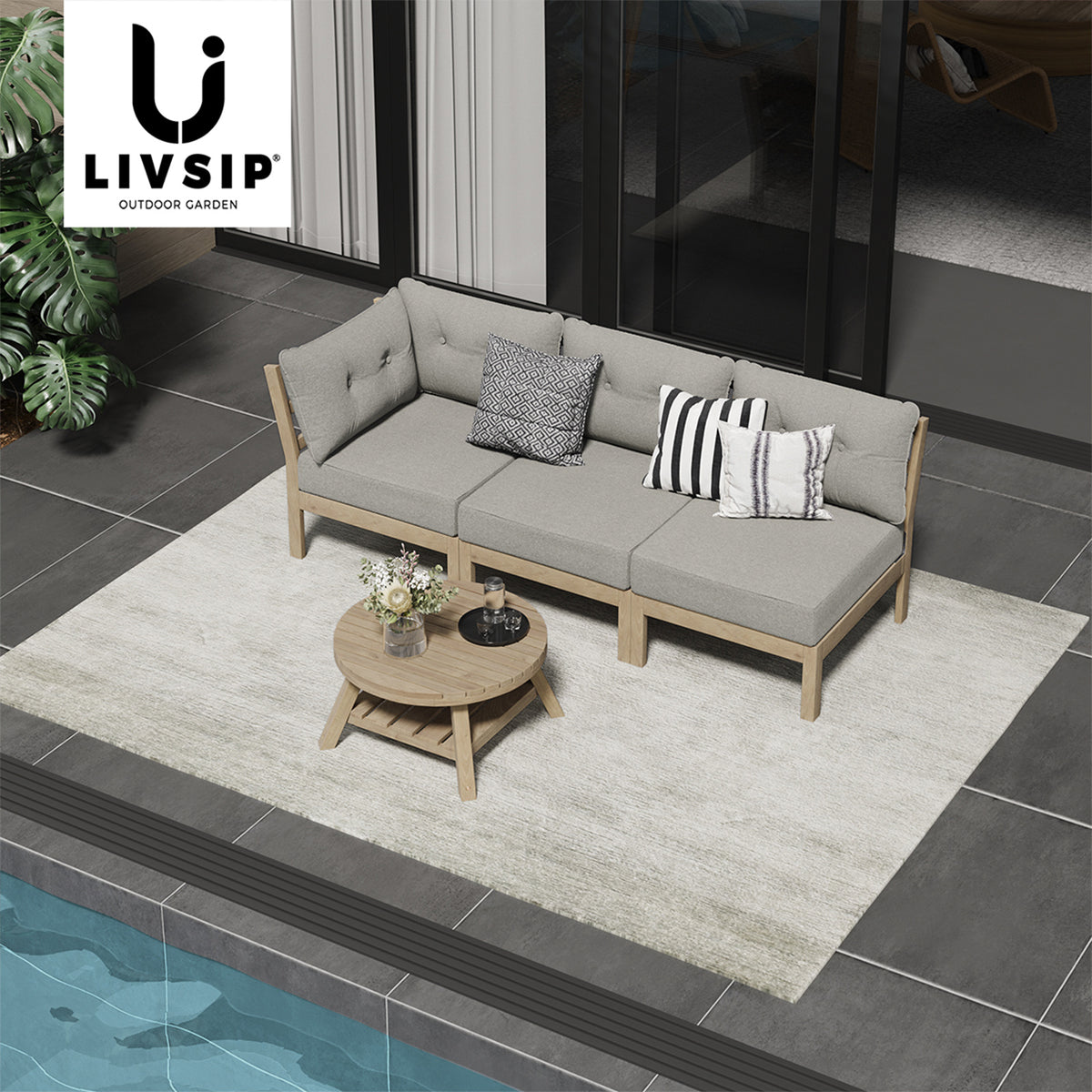 Livsip 3 Seater Outdoor Sofa Set Wooden Lounge Setting Patio Furniture Beige