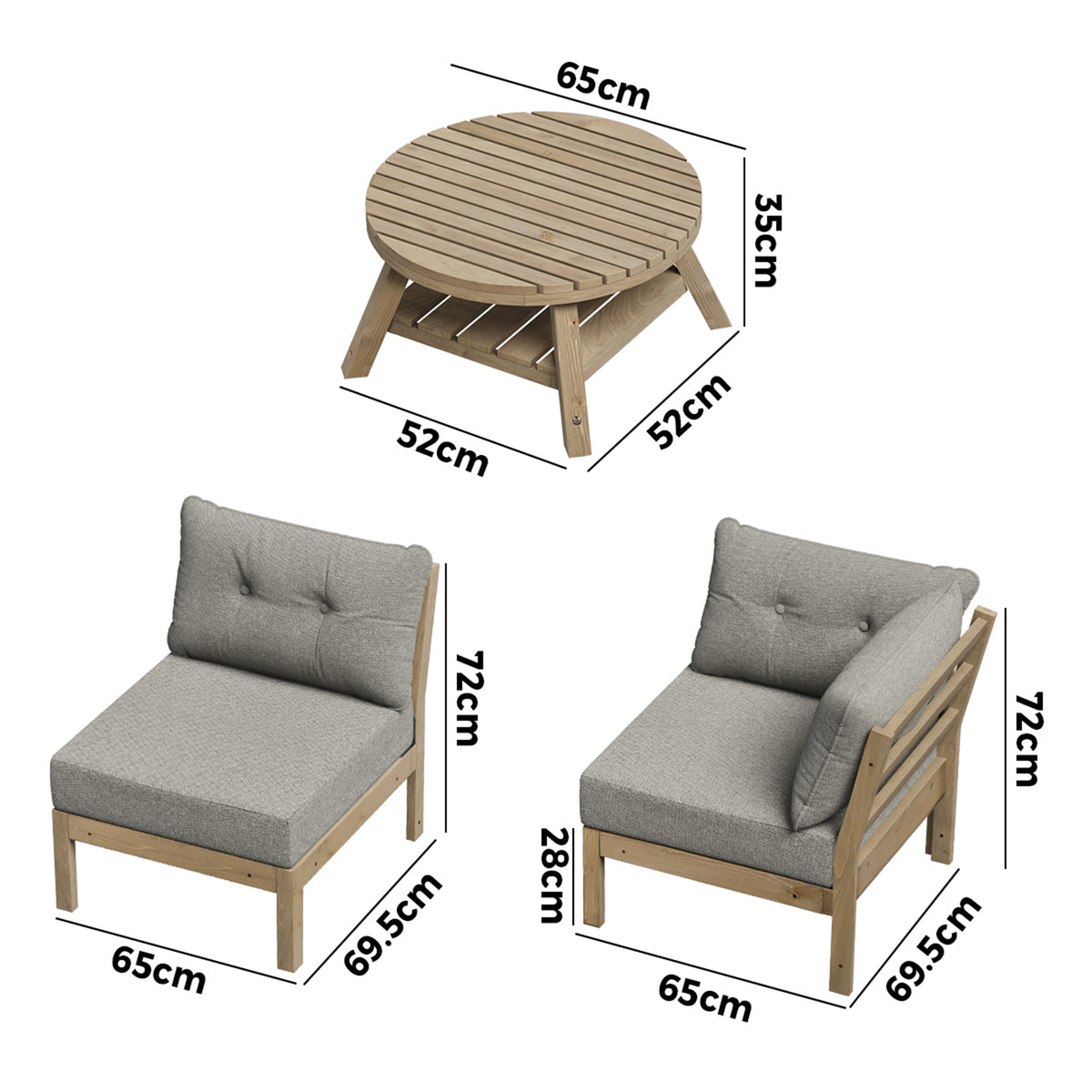 Livsip 3 Seater Outdoor Sofa Set Wooden Lounge Setting Patio Furniture Beige