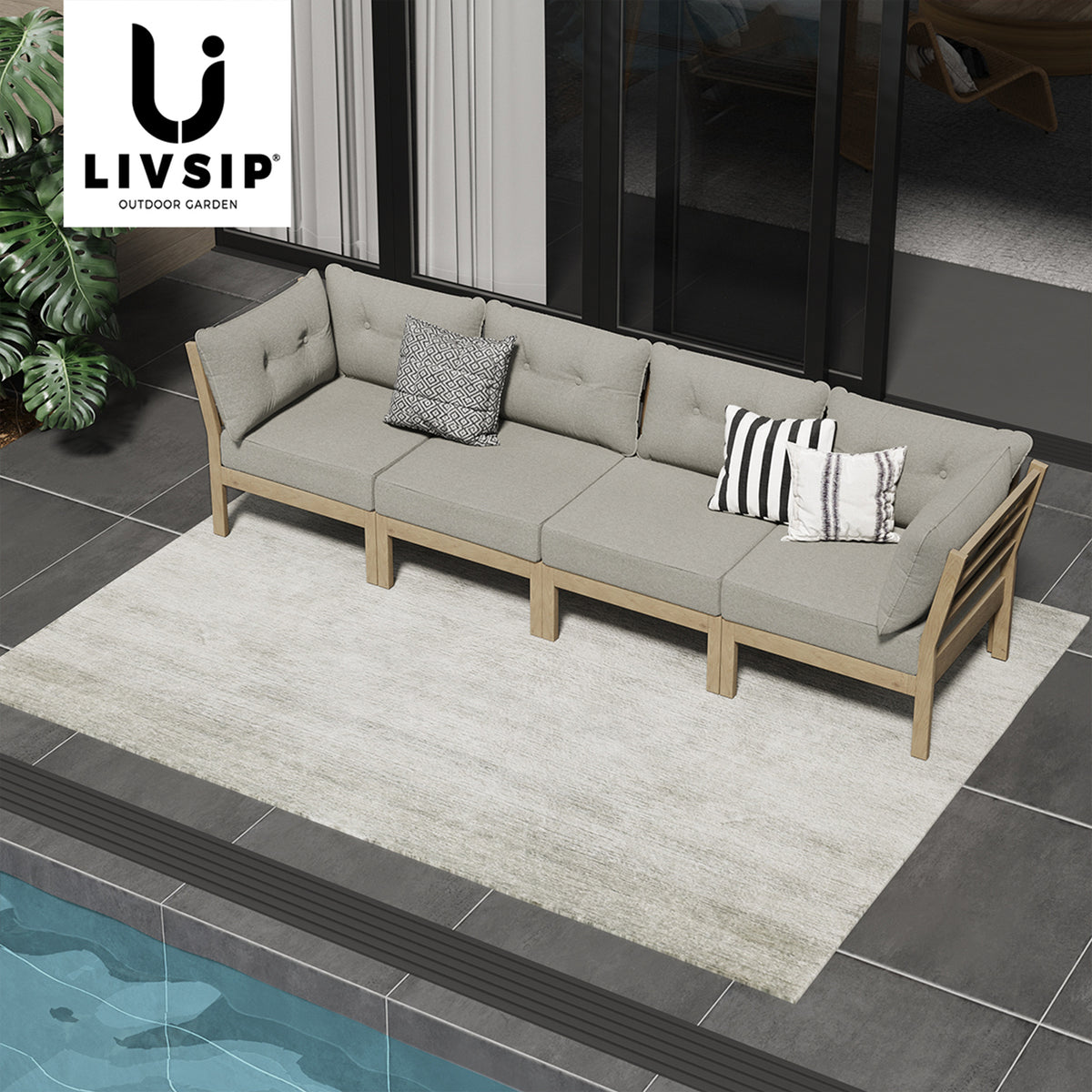 Livsip 4PCS Outdoor Sofa Set Wooden Modular Lounge Setting Patio Furniture Beige