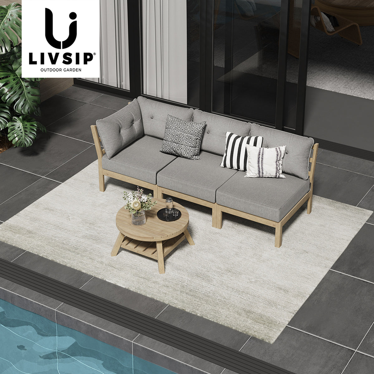 Livsip 3 Seater Outdoor Sofa Set Wooden Lounge Setting Patio Furniture Grey
